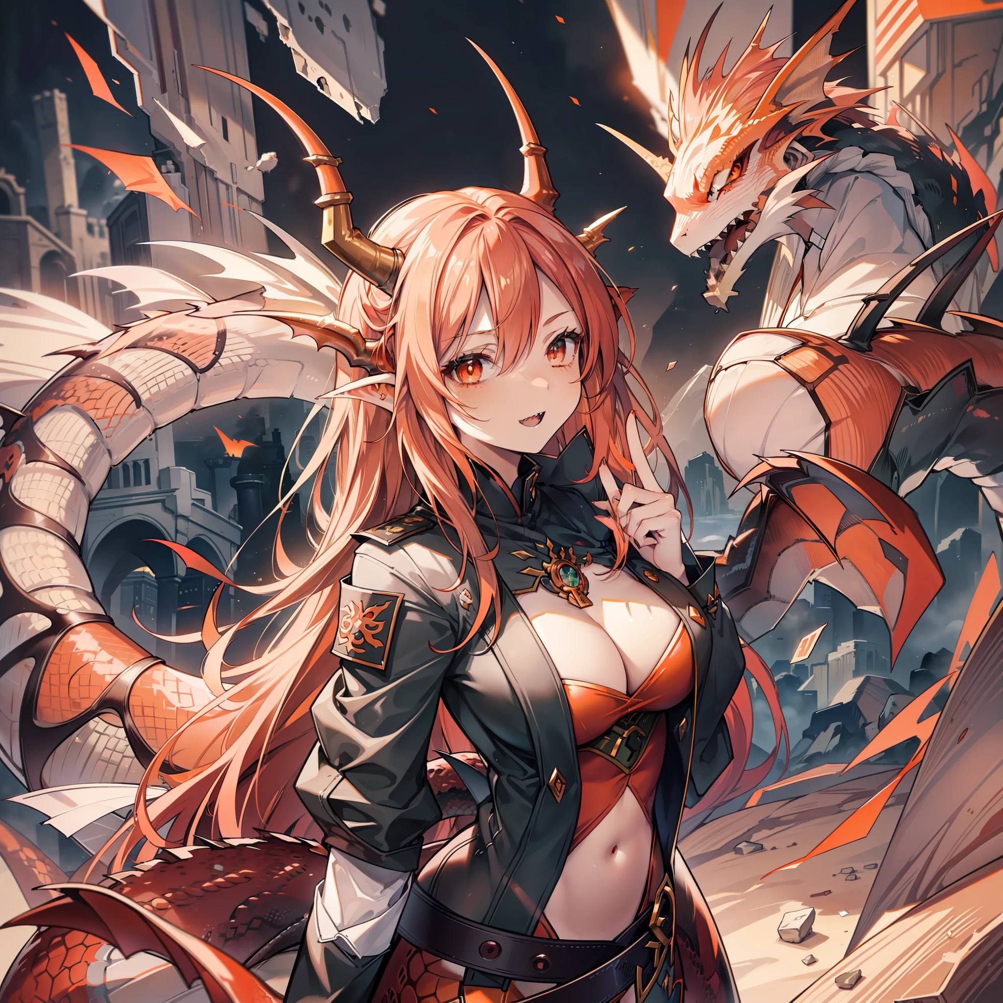 Young woman between 20 years old, long red hair orange eyes, sharp teeth, simple clothing, dragon ear, dragon horn, big chest, dragon eyes, dragon skin