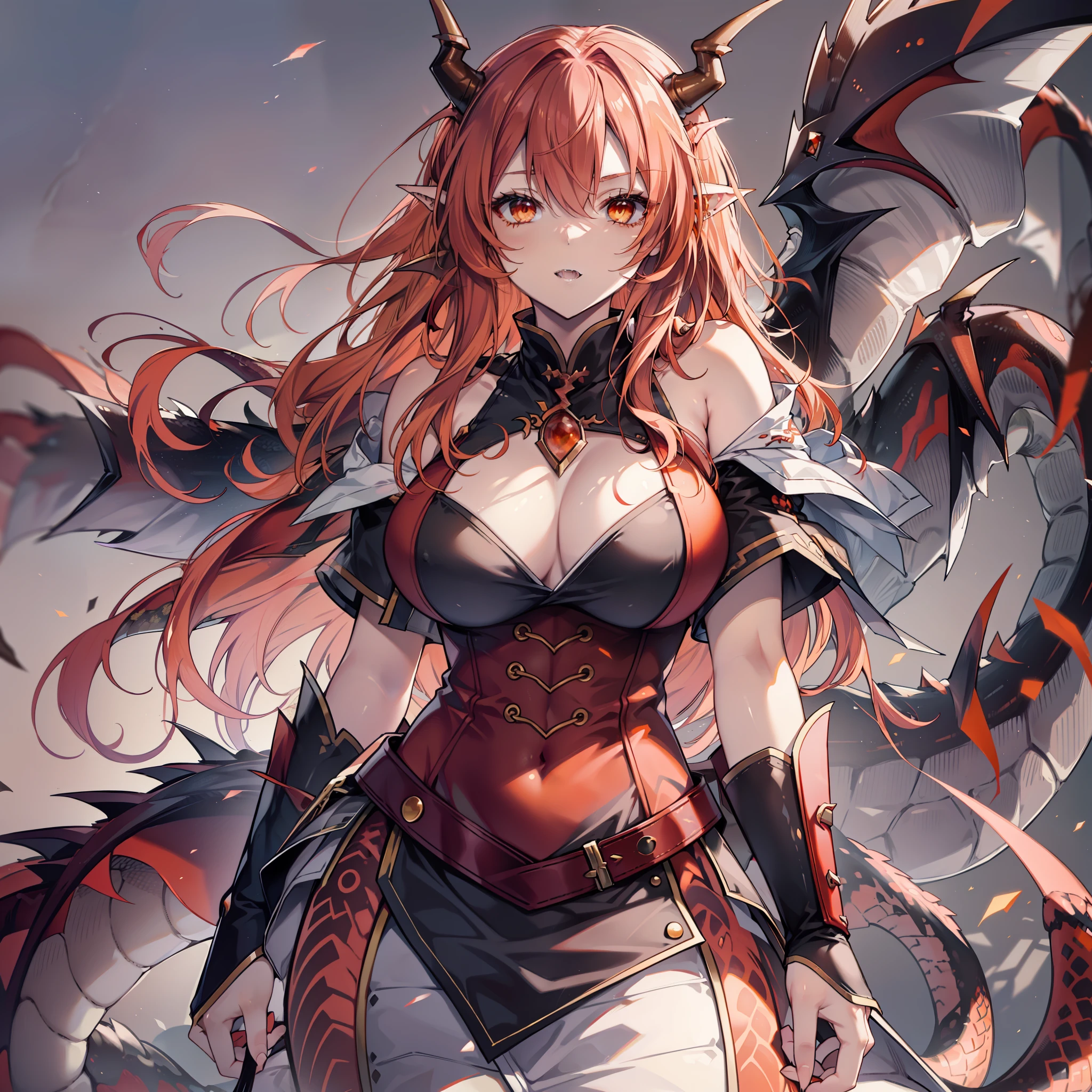 Young woman between 20 years old, long red hair orange eyes, sharp teeth, simple clothing, dragon ear, dragon horn, big chest, dragon eyes, dragon skin