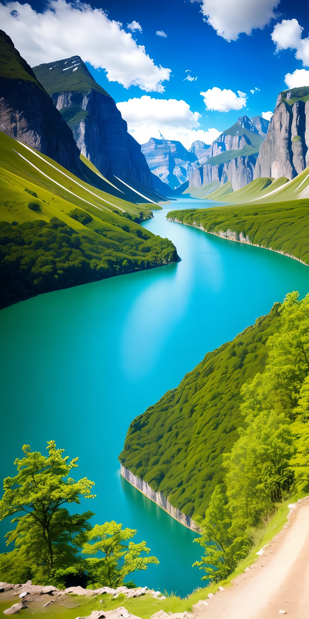 scenery, outdoor, sky, cloud, day, no humans, mountain, panorama, water, tree, blue sky, waterfall, cliff, nature, lake, river, cloudy sky