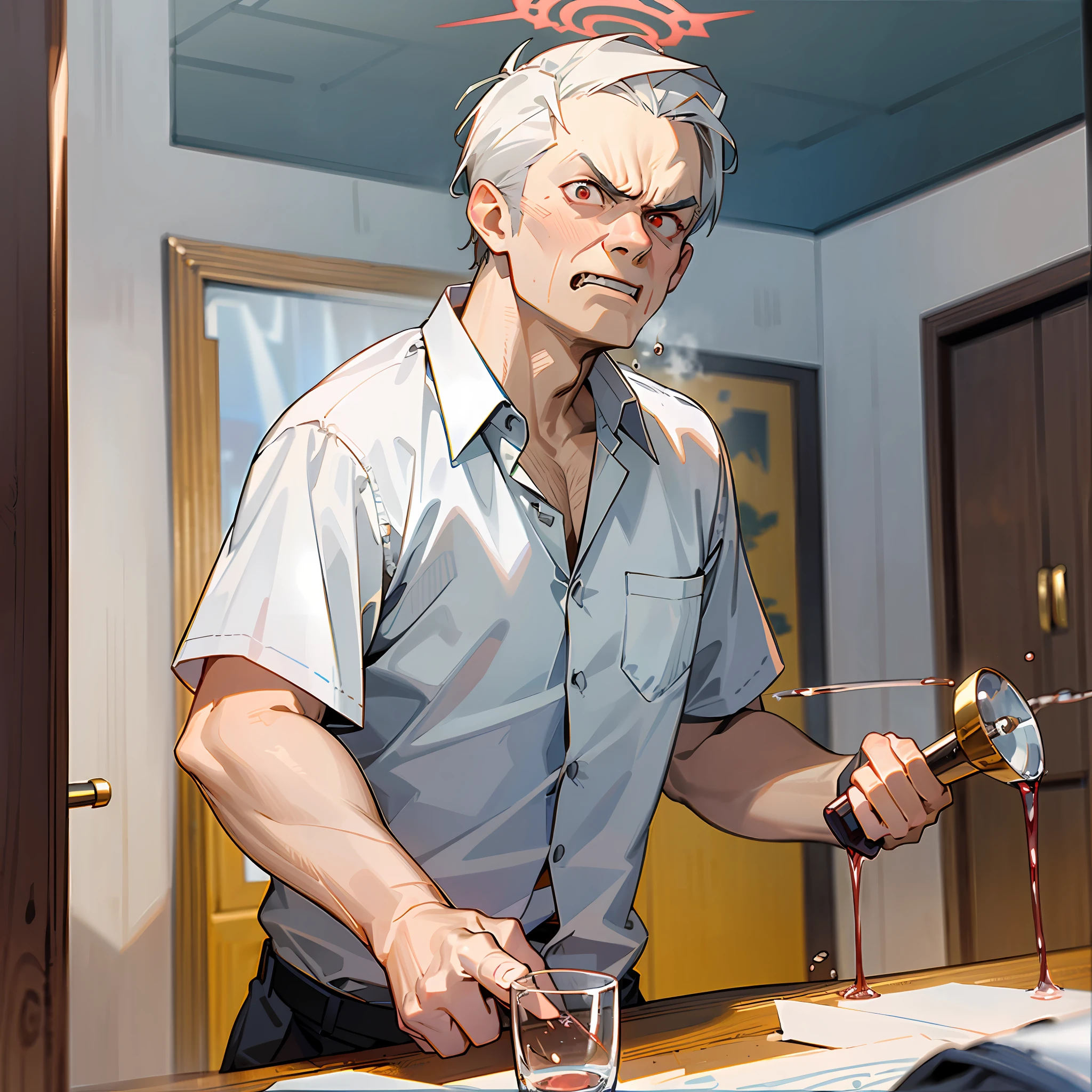 High-quality room in the room, the angry face of a middle-aged man in a white shirt, smashing a wine glass with his right hand Look at the camera