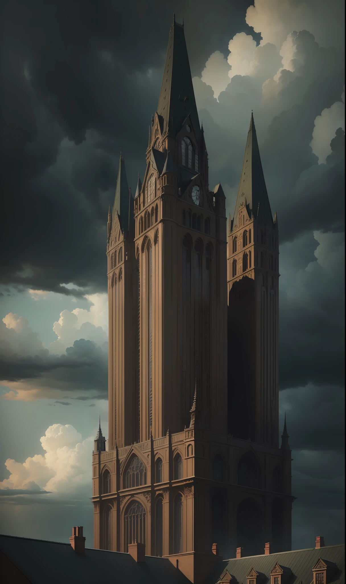 "(Extremely detailed architecture, masterpiece, best quality, impeccable attention to detail),(realistic khaki brick texture, skyscraper),(gloomy sky, dramatic sky, dark clouds, dark and gloomy atmosphere),full view, very tall, picture from far distance"