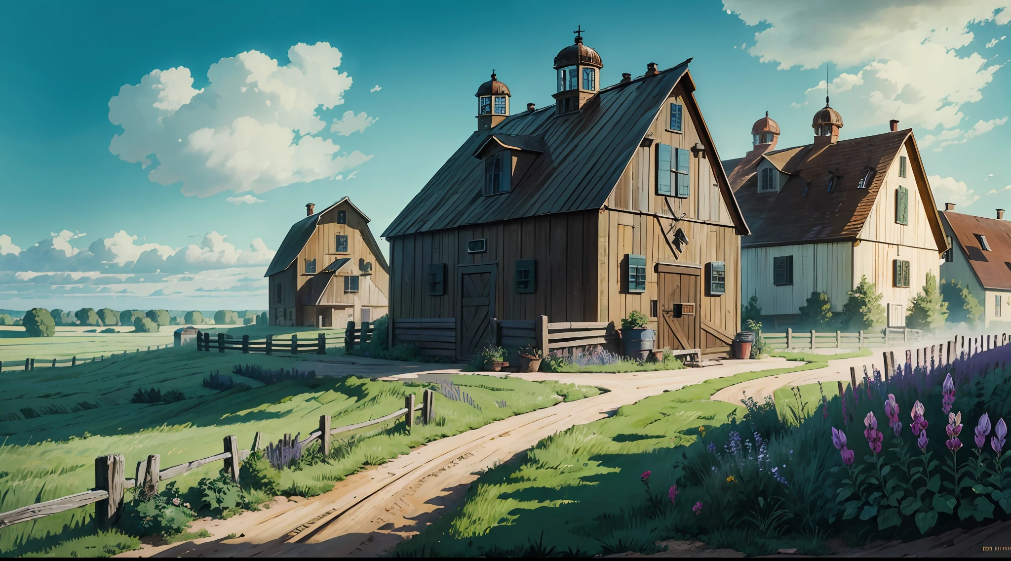 Best quality, masterpiece, European and American cartoon, large farm building, farm fence and crops, incredible design, super detail, epic composition, ultra hd, high quality, extremely detailed, official art, unified 8k wallpaper, 32k