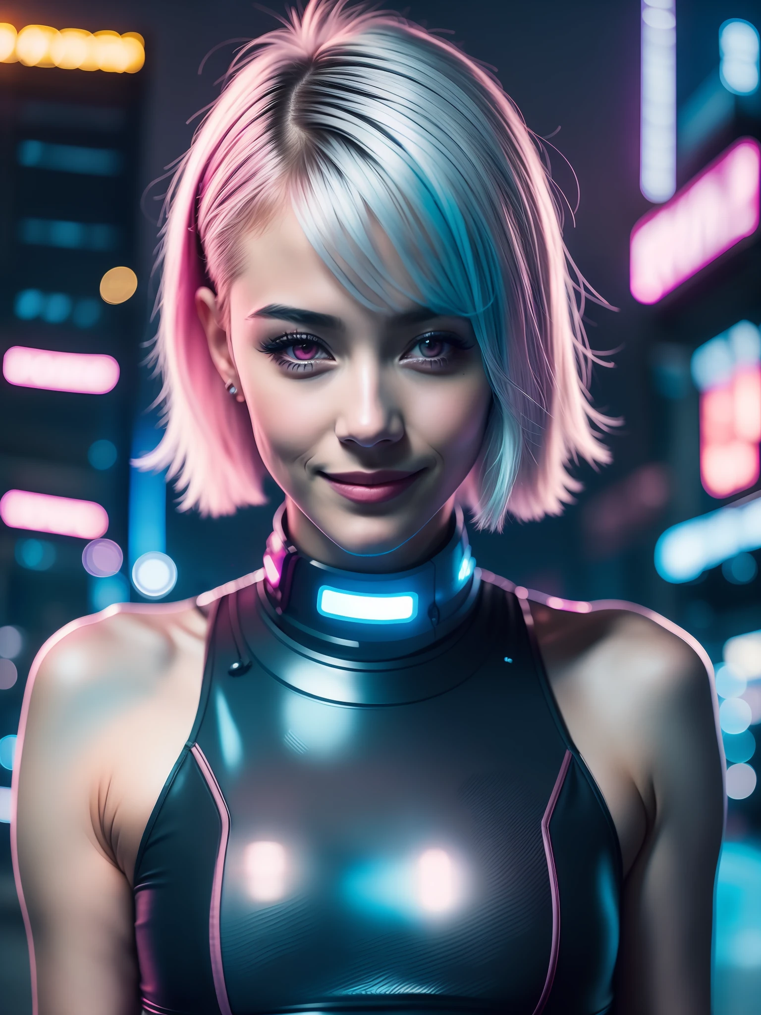 8k, raw photo, instagram, night light, beautiful cyberpunk style young girl, light blue and pink short hair, pink eyes, high resolution skin, slim body, small breasts, sample belly, looking at the camera and smiling, background of a city at night, neon lights