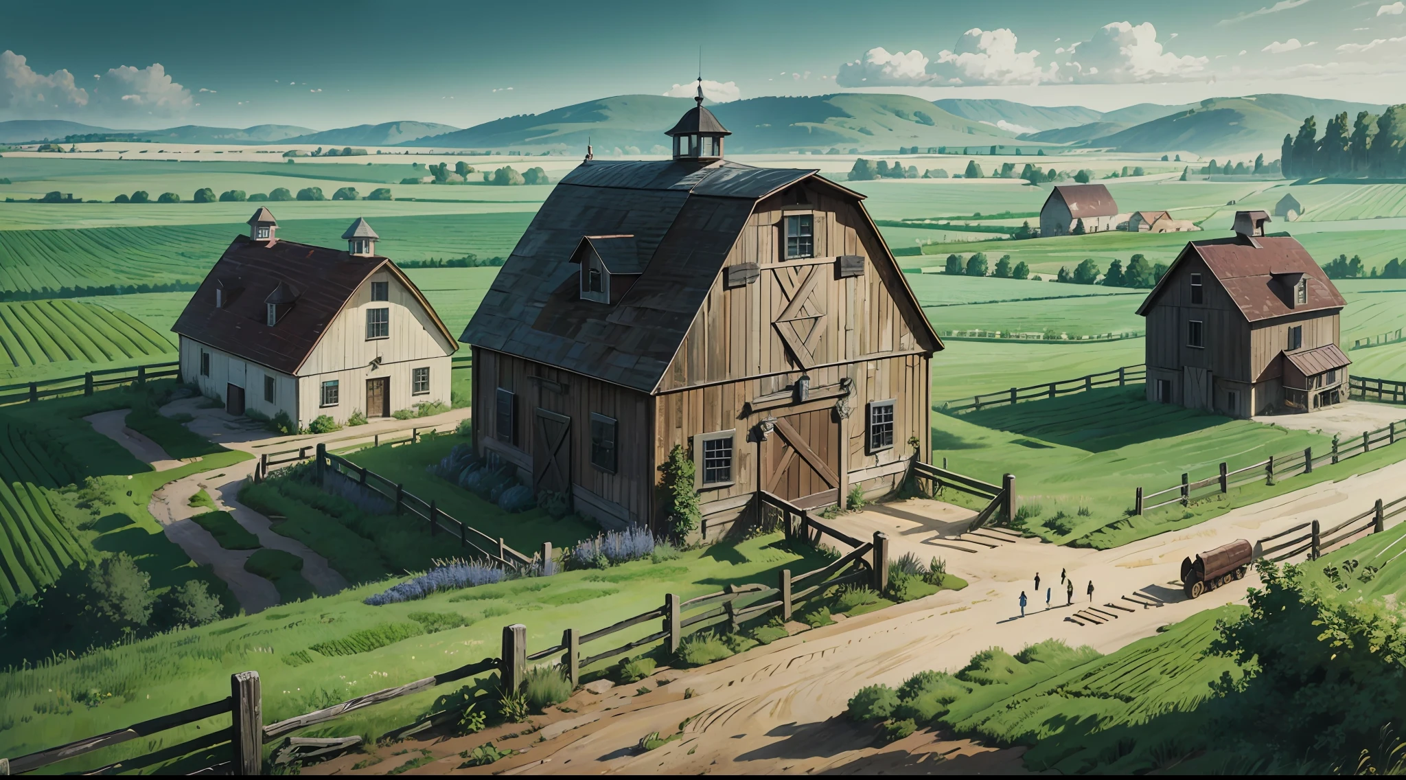 Best quality, masterpiece, European and American cartoon, large farm building, farm fence and crops, incredible design, super detail, epic composition, ultra hd, high quality, extremely detailed, official art, unified 8k wallpaper, 32k