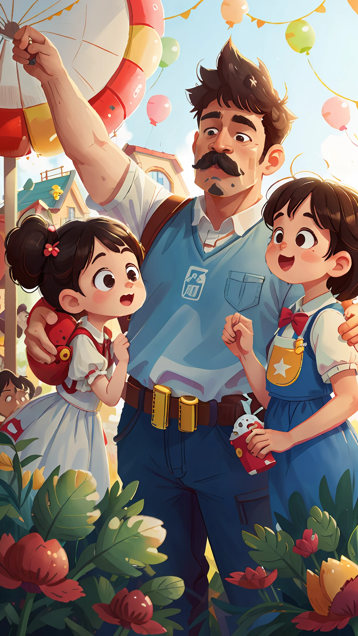 A family, amusement park, holding balloons, happy, happy, mustachioed father, black mother, white son, light brunette daughter perfect quality, clear focus (clutter - house: 0.8), (masterpiece: 1.2) (Realistic: 1.2) (Bokeh) (Best quality) (Detailed Skin: 1.3) (Intricate Details) (8K) (Detail Eyes) (Sharp Focus), (Happy)