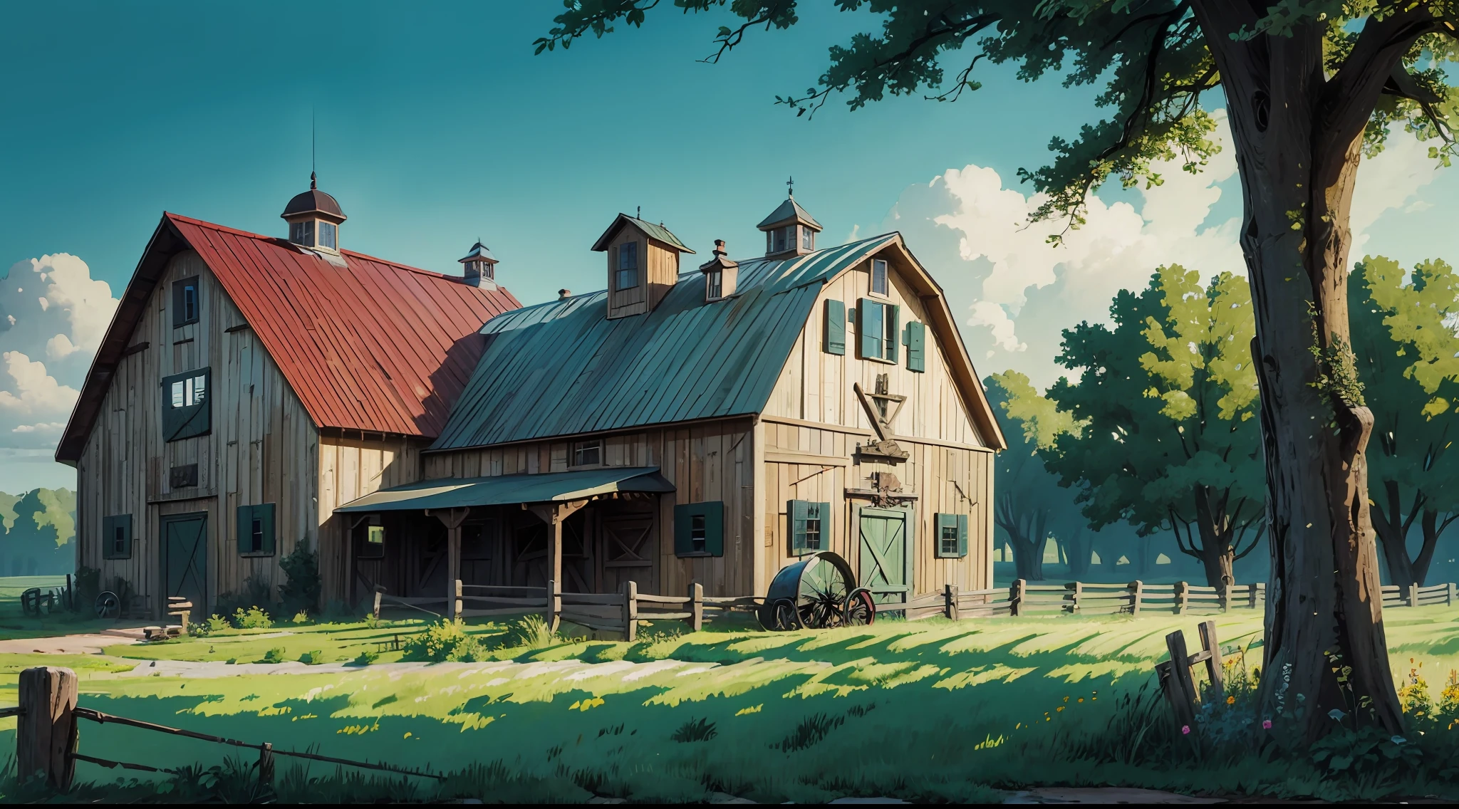 Best quality, masterpiece, European and American cartoon, large farm building, farm fence and crops, incredible design, super detail, epic composition, ultra hd, high quality, extremely detailed, official art, unified 8k wallpaper, 32k
