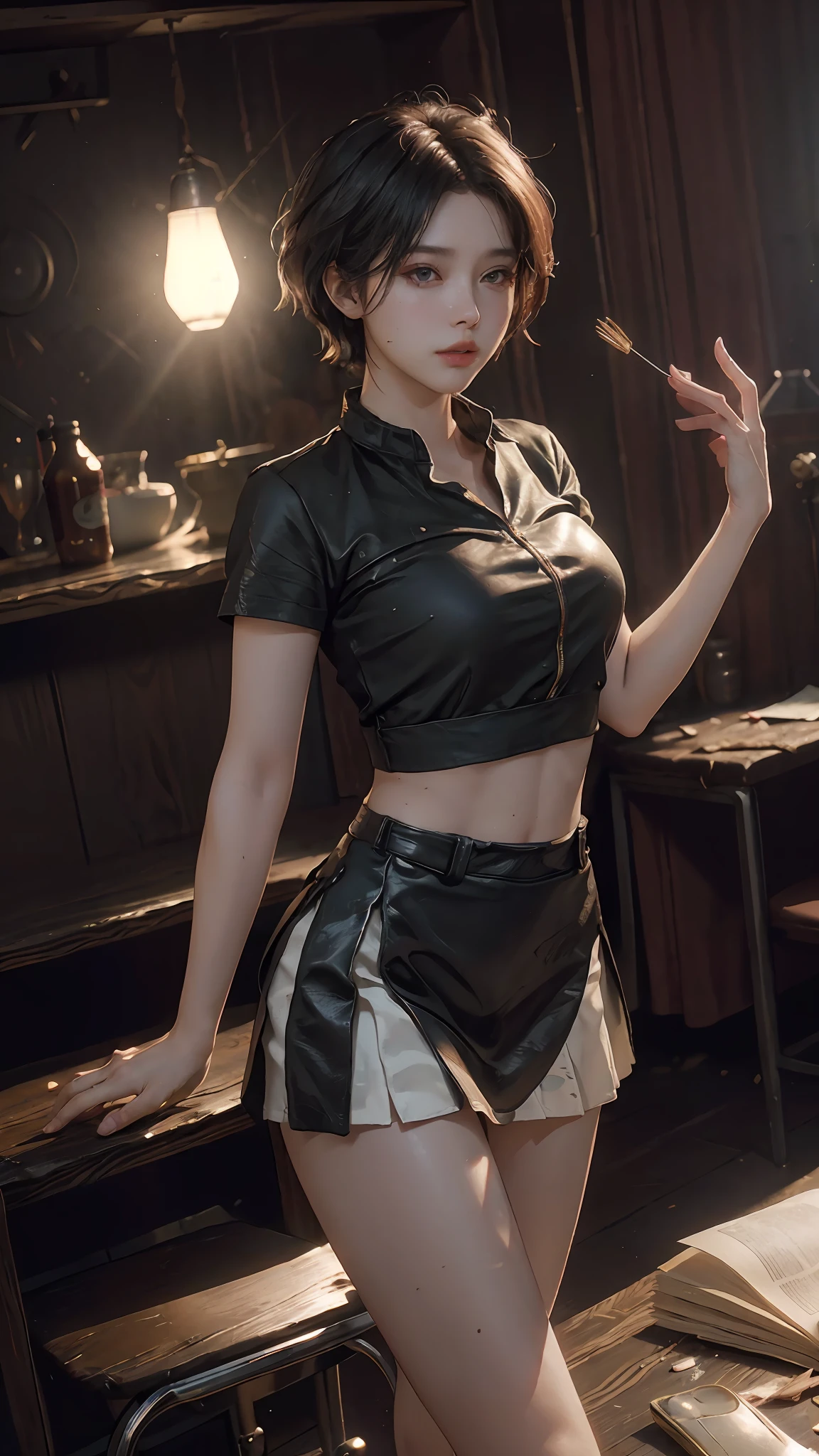 (Dynamic Angle, National Treasure RAW Photos, Photorealism: 1.3, Top Quality Detailed CG unity 8k wallpapers, Under Miniskirt: 1.2, Messy Short Hair, Movie Lighting, Lens Flare)