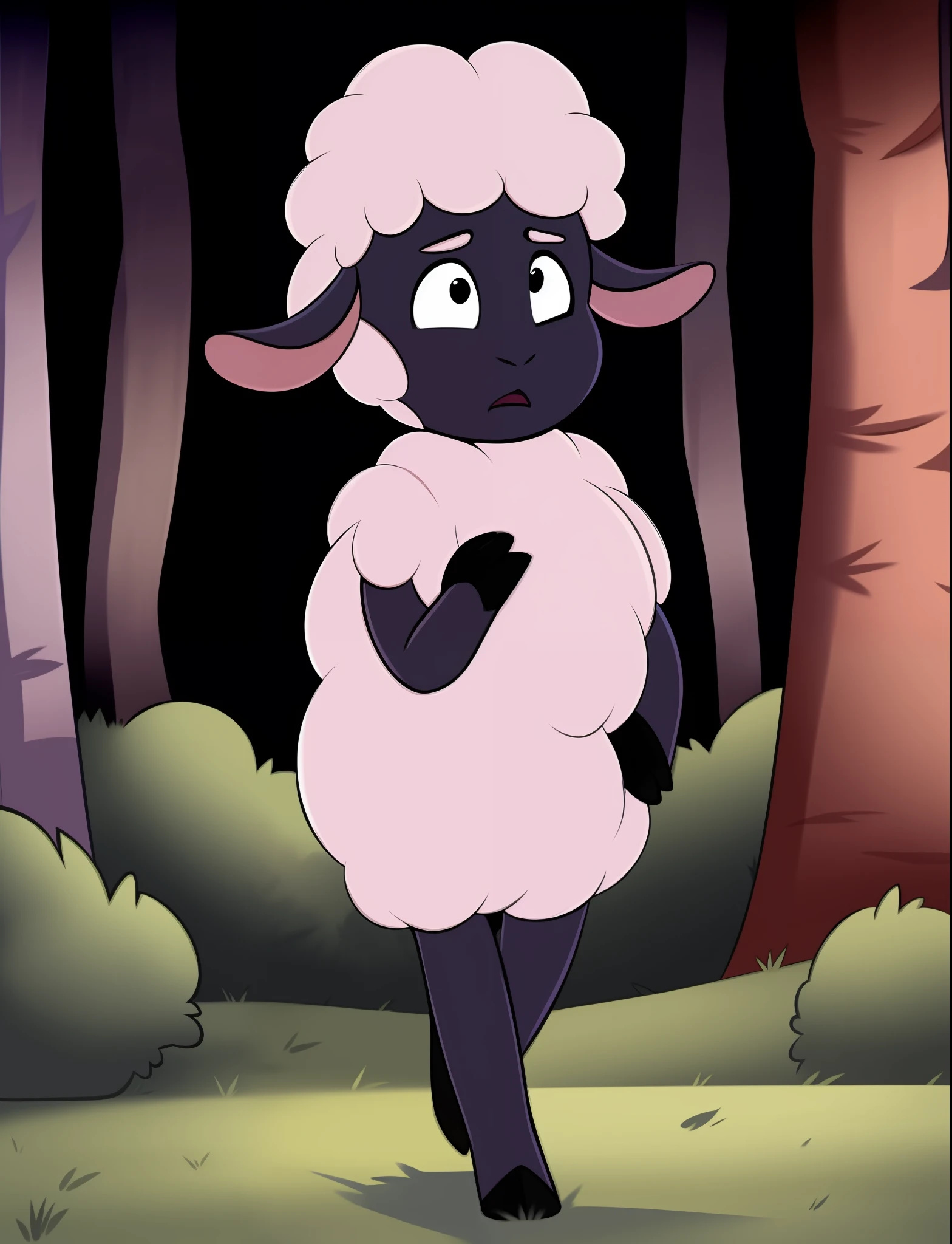 ((masterpiece, best quality)), solo, solo focus, full body, no humans, furry, sheep, black eyes, white fur, woolie, forest, walking, scared, night,