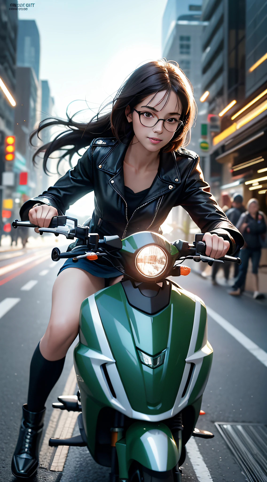 Girl Riding a green scooter with lights on in motion, arafed, high definition cgsociety, Octane cgsociety, digital art!!, speeding down the street, long hair flowing back, light behind, style photography, by derek zabrocki, cover photo, red and Cinematic lighting, photographed by Wayne England, blurry background, rtx on, particle effects flying around, specular lighting, hdr, octane, unreal, subsurface scattering, Film-like, (illustration:.4) , lights on, solo, smile, glasses, helmet, wind efects, busy city street, in the style of Eric Pare in motion, many people on the background, film photography, depht-of-field, bokeh, (frontlighting:1.2), (backlighting:0.75), (fill light:0.9), bloom, chromatic aberration, (lens flare:1.2),
