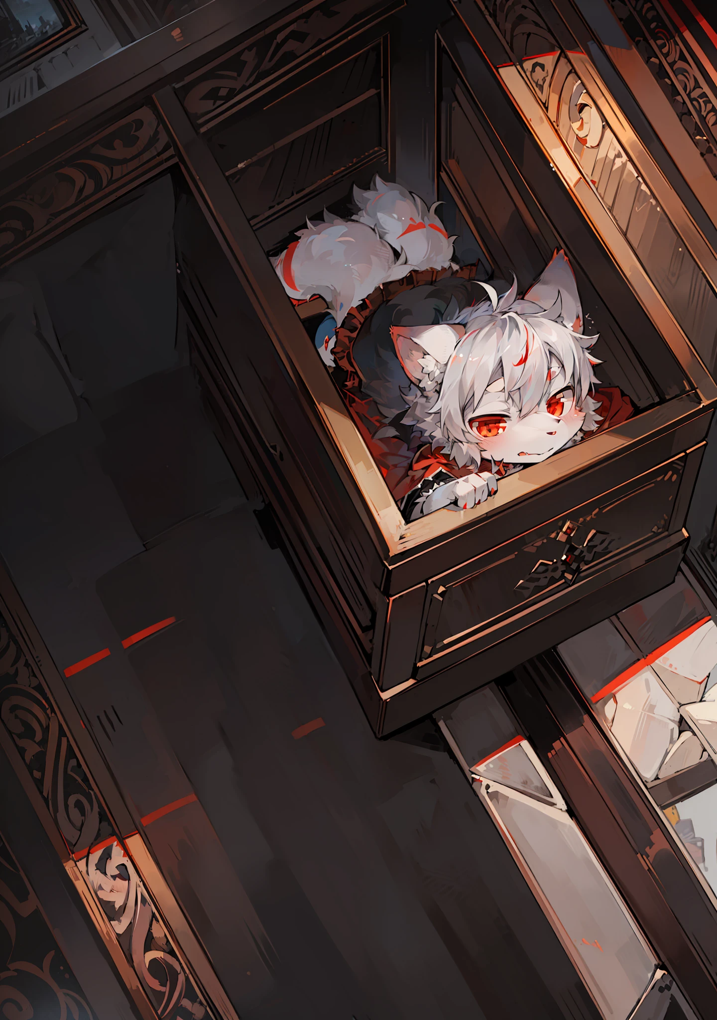 (dark environment:0.8),masterpiece, high quality, absurd res, digital painting \(artwork\), by dagasi, yupa,kiyosan,(anthro,fluffy fur,character focus:1.1),anthro male cat,short hair,portrait, bright eyes,panorama,character focus.(detailed background:0.7),solo,furry,furry male ,male focus,anthr,(Full body fur, fluffy tail, white fur,red eyes,gray hair:1.2),(long canines,vampire, cape:1.2),(interior,night, castle, coffin:1.1)