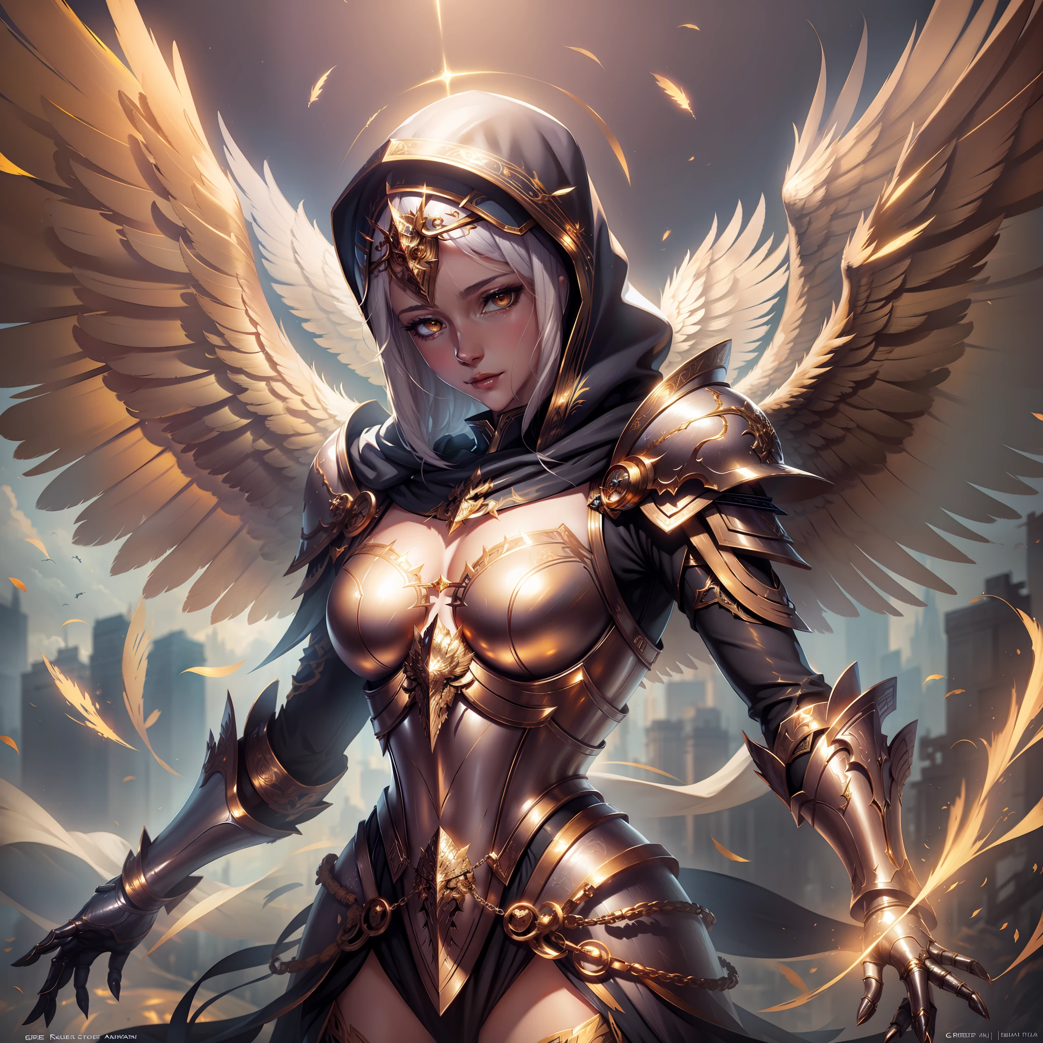 Golden armored angel, wings made of energy, metal halo, no face, hooded, gold, fantasy, concept art, ultra realistic, character art by greg rutkowski
