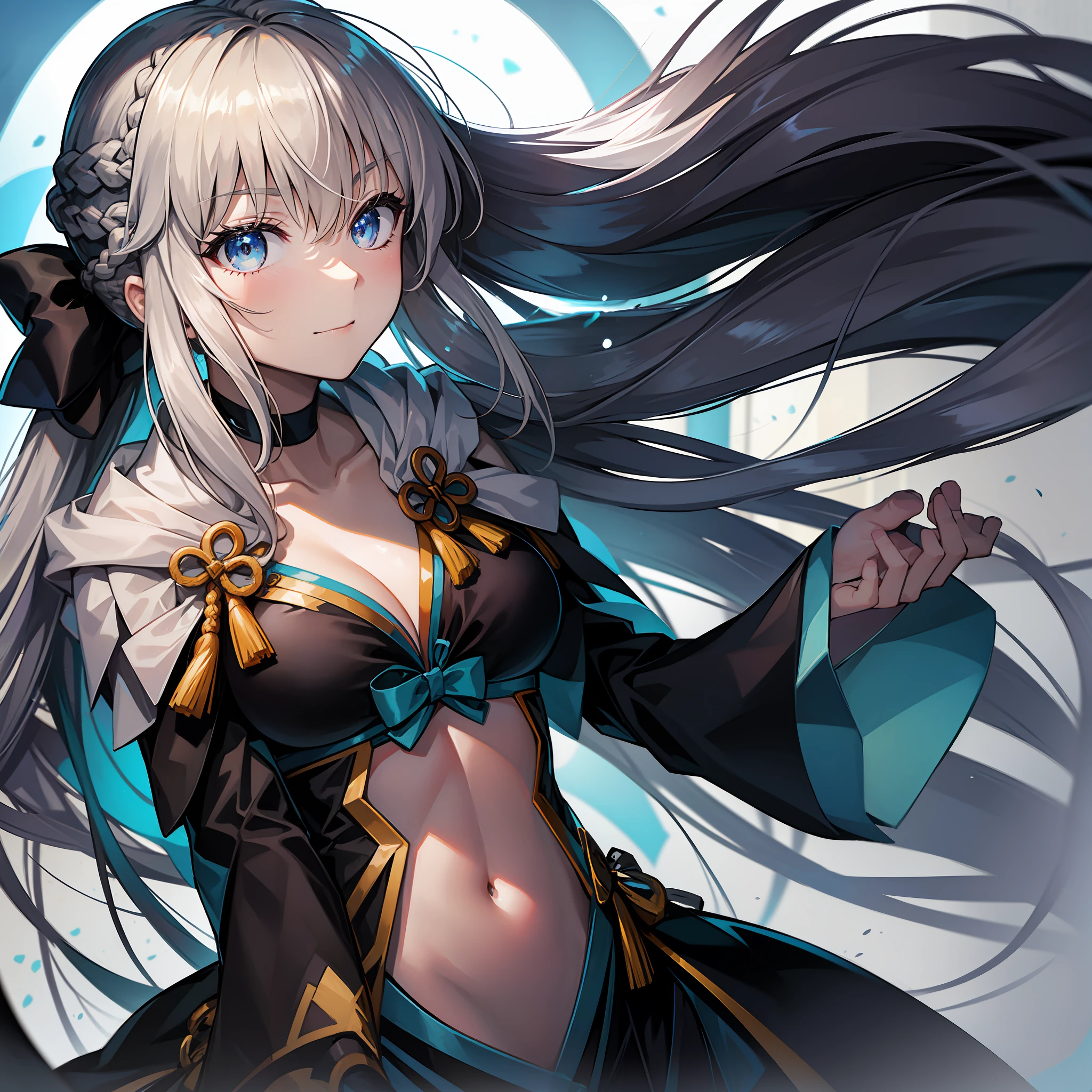 4 k 漫画壁纸， 动漫艺术壁纸 8 K，动漫壁纸， 动漫风格 4K， 美丽的动漫艺术品，1girl, black dress, bow, braid, breasts, detached sleeves, dress, floating hair, French braid, highness, long hair, looking at the viewer, medium breasts, navel, ponytail,, sidelocks, solo, spikes, staff, tiara, very long hair, black sleeves, fate/grand order, Morgan le Fay， drop shadow， 白发，微笑