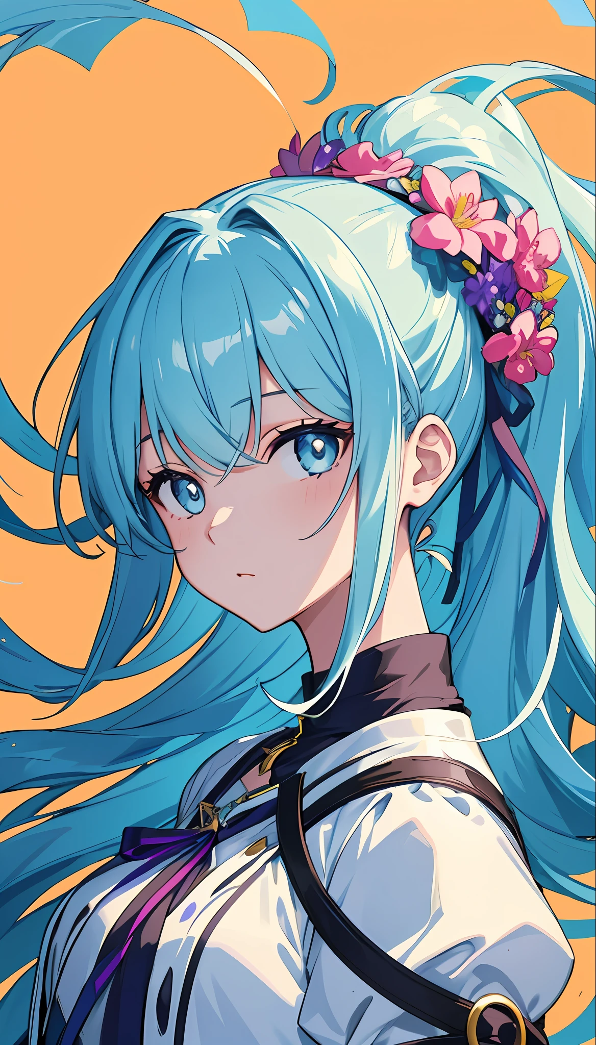 (masterpiece), (best quality), (ultra detailed),(disheveled hair),(illustration), (1girl), (Fashionable clothing), standing, Fashion model, looking at viewer, (interview), (simple background),beautiful detailed eyes, delicate beautiful face, Floating,(high saturation),(colorful splashes),colorful bubble,(shining), focus on face, ponytail, kamisato ayaka, light blue hair, bangs, hair ring, floating flowers, floating hairs, (shining), best lighting, best shadow,