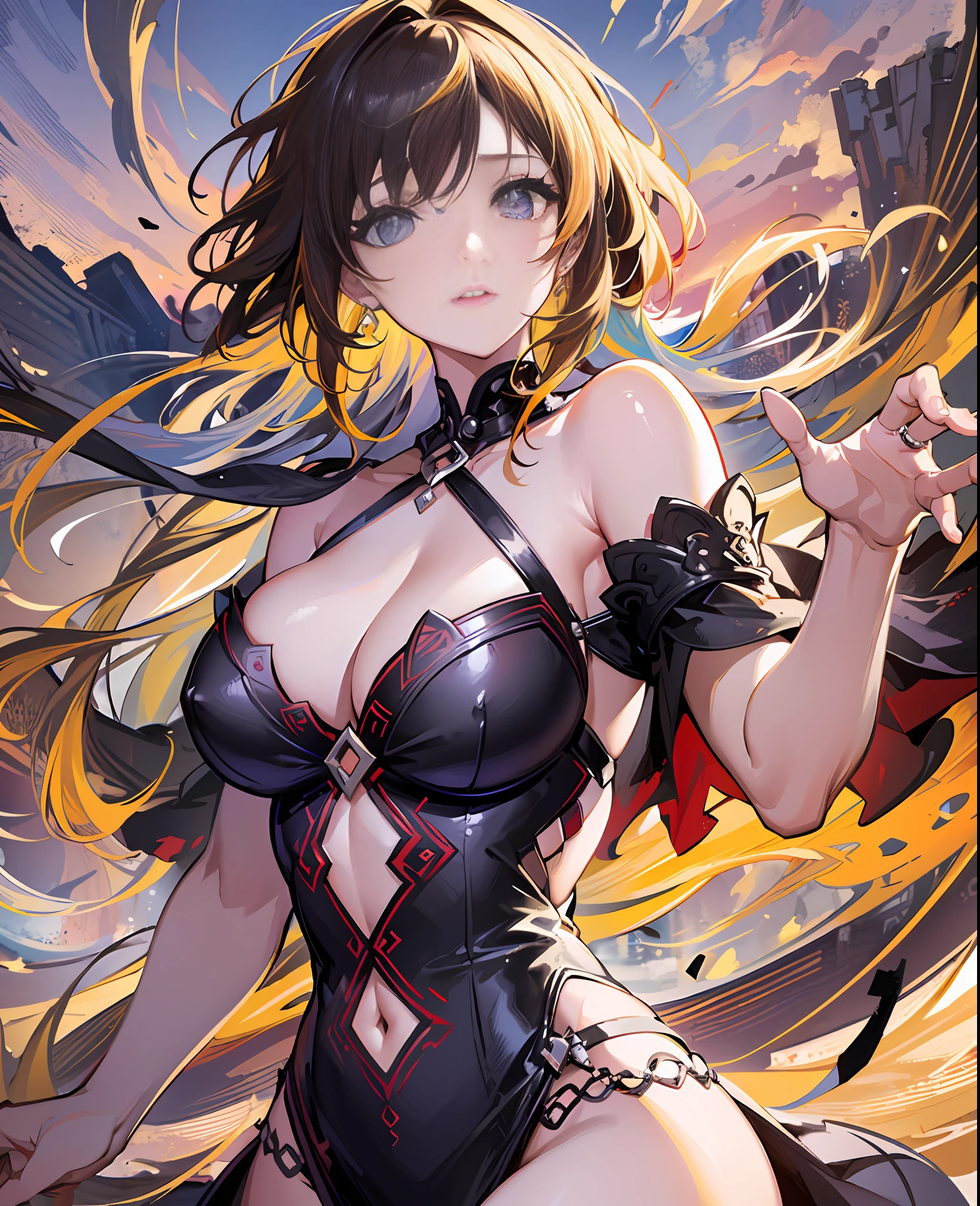 ((Masterpiece of Art)), Highest Quality, Extreme Detail, Perfect Expression, Dynamic Angle, Dynamic Lens, (1 Female), Turquoise Eyes, (Short + Beige Hair: 1.2+ Yellow Hair: 1.3+ Red + Purple Hair: 1.3+ Black Hair), Red Dress, Graceful Figure, (Close-up + Light Effects), Beach, Waves, Sunset, Smoky, (Style Filter)