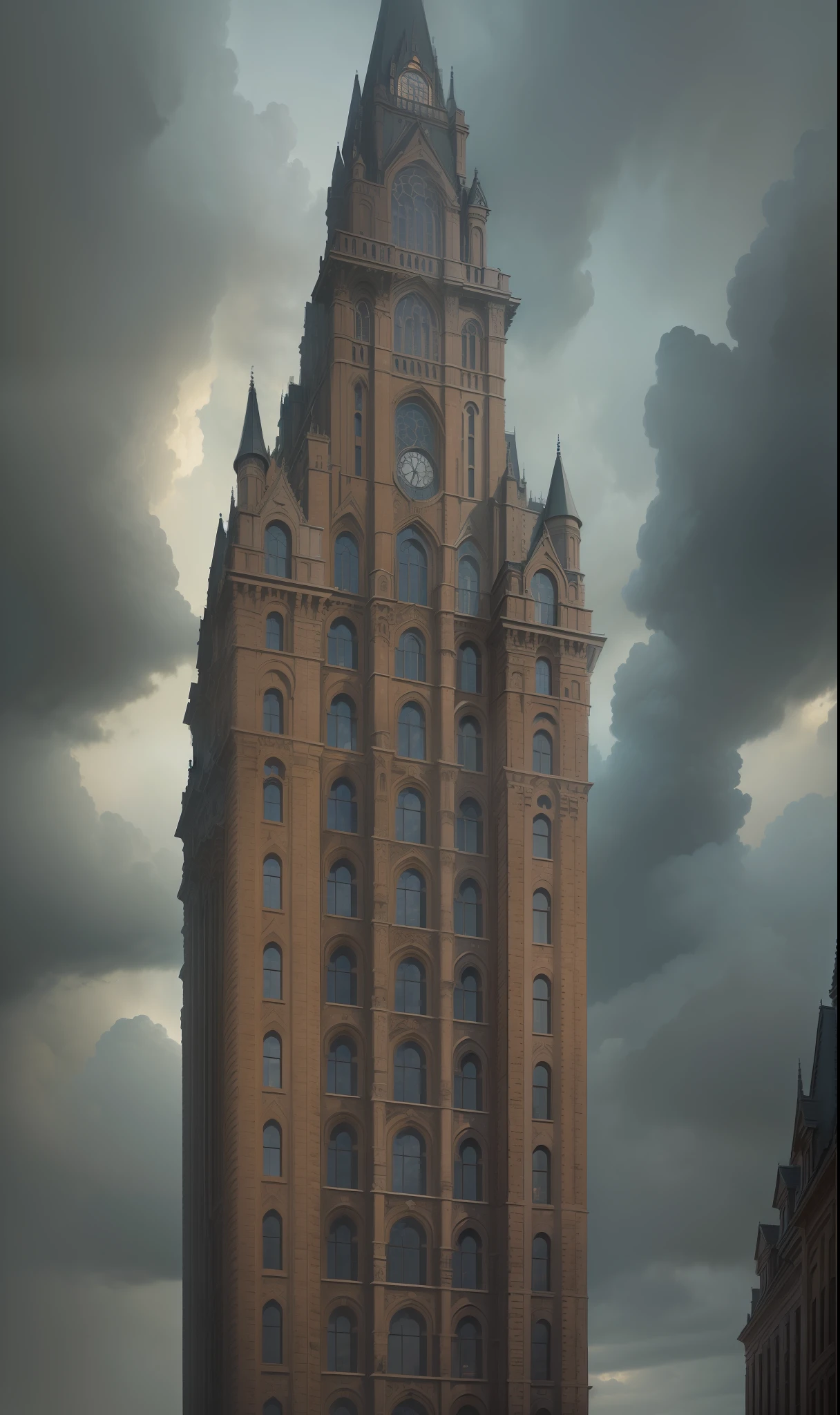 "(Extremely detailed architecture, masterpiece, best quality, impeccable attention to detail),(realistic khaki brick texture, skyscraper),(gloomy sky, dramatic sky, dark clouds, dark and gloomy atmosphere),full view,  very tall, picture from far distance"
