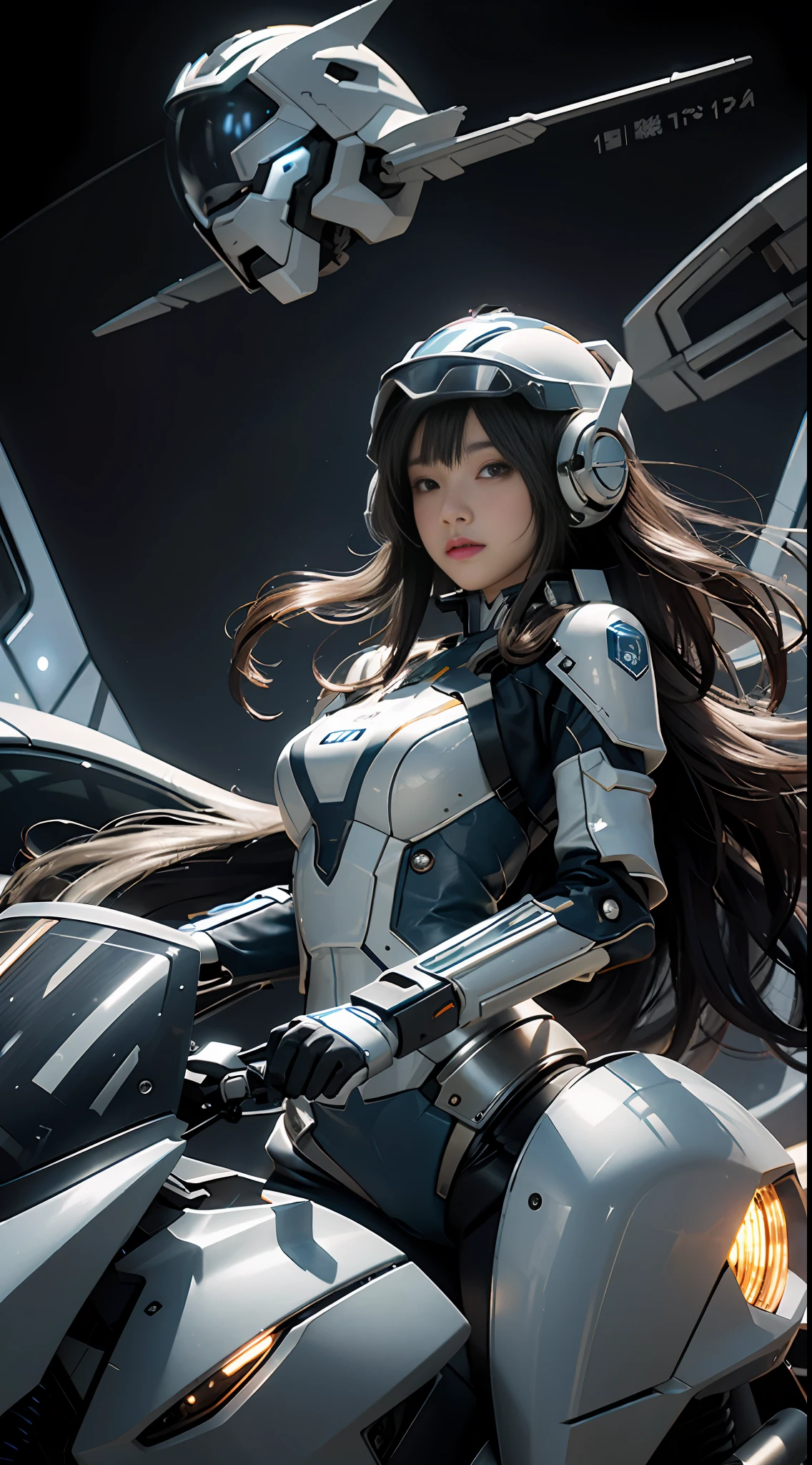 Highest image quality, outstanding details, super high resolution, (fidelity: 1.4), the best illustration, favor details, hello, IA! highly condensed 1girl, with a delicate and beautiful face, dressed in a light blue mecha, wearing a mecha helmet, holding a direction controller, riding on a motorcycle, the background is a high-tech lighting scene of the future city, mechanical plane, use your imagination, design some high-tech mechanical scenes