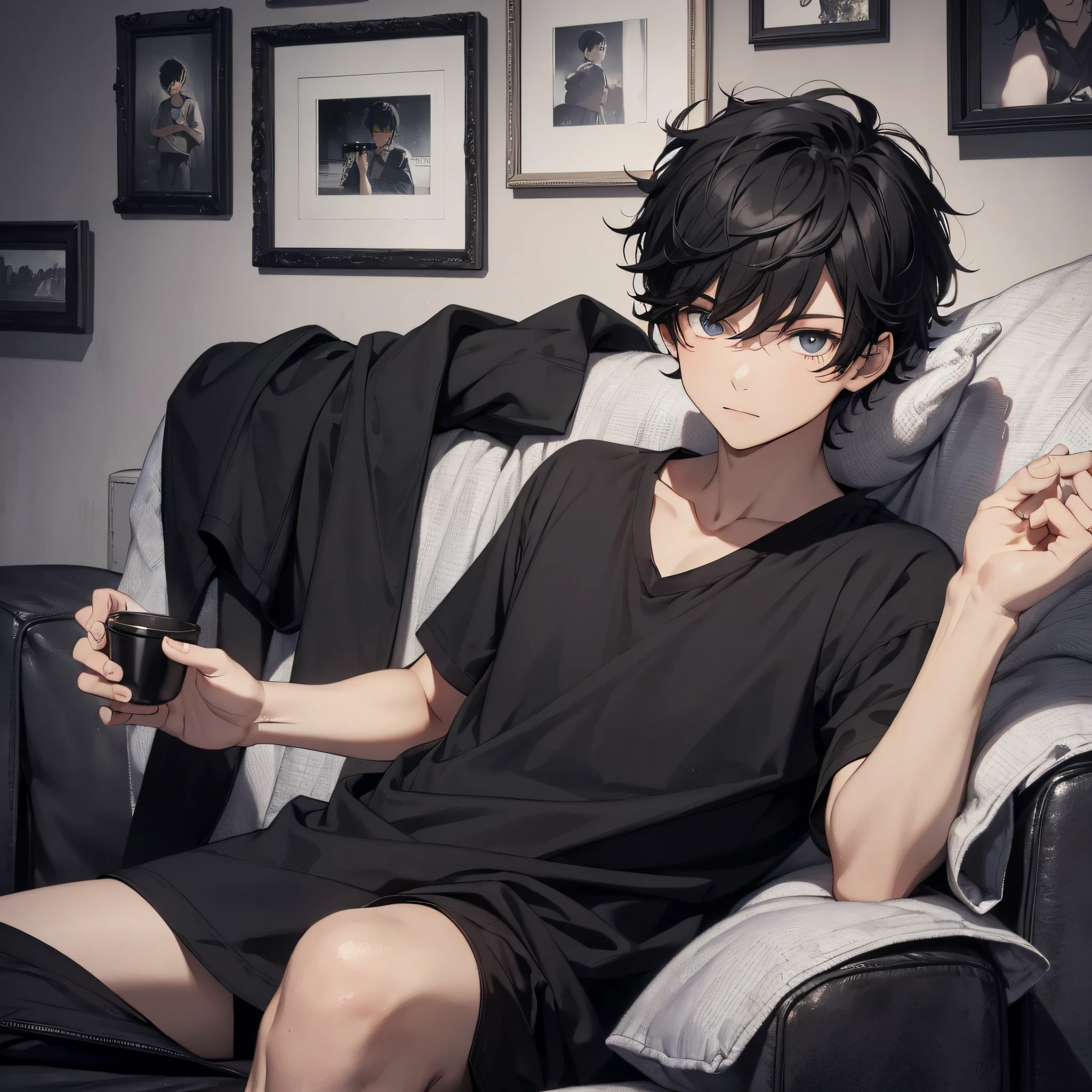 Absurd resolution, high resolution, (masterpiece: 1.4), hyper-detail, young man messy short black hair, black casual clothes, eerie room, lying on the sofa watching TV