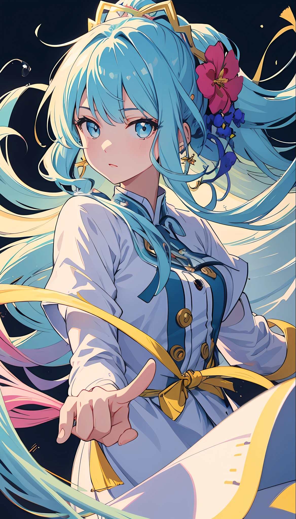 (masterpiece), (best quality), (ultra detailed),(disheveled hair),(illustration), (1girl), (Fashionable clothing), standing, Fashion model, looking at viewer, (interview), (simple background),beautiful detailed eyes, delicate beautiful face, Floating,(high saturation),(colorful splashes),colorful bubble,(shining), focus on face,  ponytail, kamisato ayaka, light blue hair, bangs, hair ring, floating flowers, floating hairs, (shining), best lighting, best shadow,