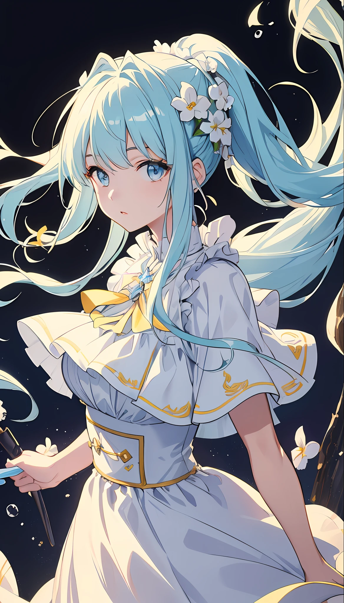 (masterpiece), (best quality), (ultra detailed),(disheveled hair),(illustration), (1girl), (Fashionable clothing), standing, Fashion model, looking at viewer, (interview), (simple background),beautiful detailed eyes, delicate beautiful face, Floating,(high saturation),(colorful splashes),colorful bubble,(shining), focus on face,  ponytail, kamisato ayaka, light blue hair, bangs, hair ring, floating flowers, floating hairs, (shining), best lighting, best shadow,