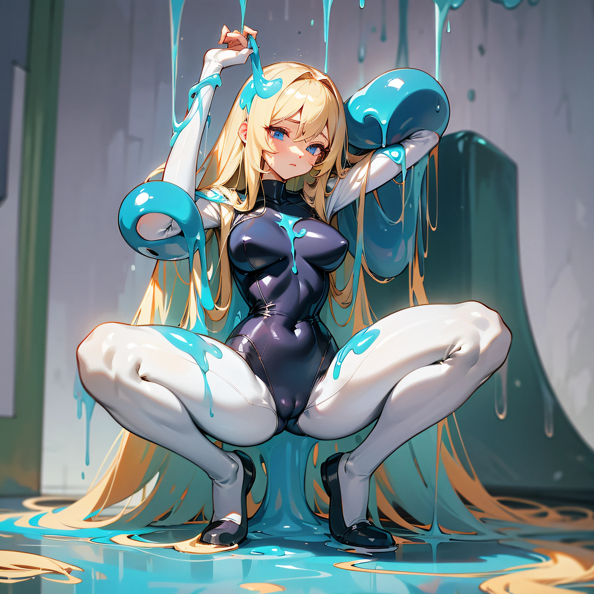 Long hair, beauty, tight-fitting suit, full body tights, big, close to skin, blonde, brainwashed, taken in by blue slime, convulsing