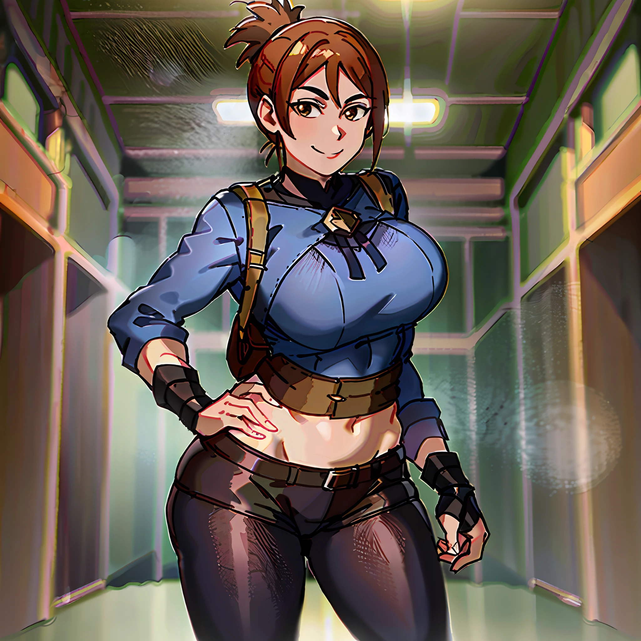 marci dota2, absurdres, high quality, best quality, 1girl, black pants, big breasts, solo, boots, standing, smile,hand on hip, brown eyes, looking at viewer, long sleeves, anime coloring, anime screencap, brown backpack, muslos grandes, wide hips, cuerpo de reloj de arena, trasero grande