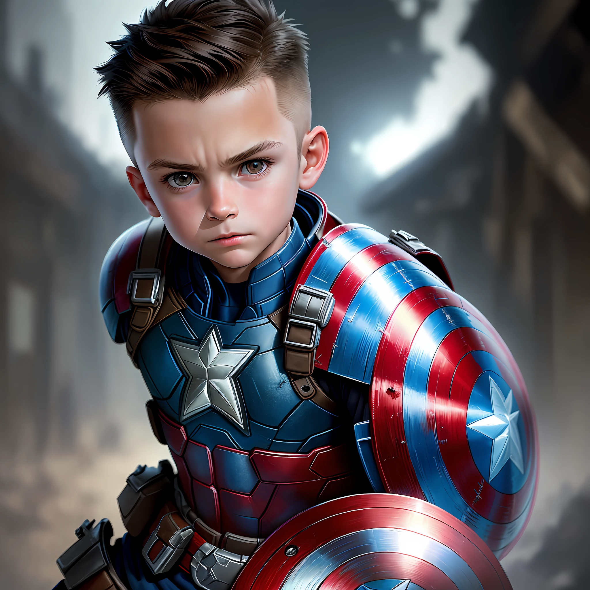 , 6 years old,, shaved hair, like Captain America 8k, high resolution, detailed face, detailed shield, detailed eyes, detailed costume, Marvel and DC style, hyper-realistic, + cinematic shooting + dynamic composition, incredibly detailed, sharp, detailed + superb details + night with light + perfectionism + award-winning realism
