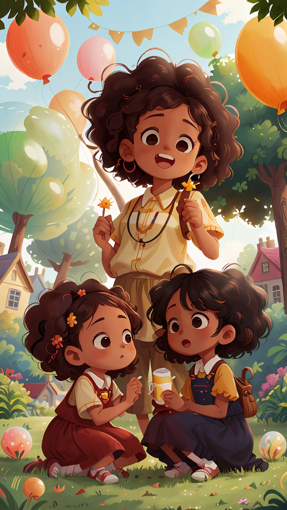 Black mother, curly-haired, and her daughter with light brown skin, happy, harmonious, charismatic, in a park with balloons, clear focus (clutter - house: 0.8), (masterpiece: 1.2) (Realistic: 1.2) (Bokeh) (Best quality) (Detailed skin: 1.3) (Intricate details) (8K) (Detail eyes) (Sharp focus), (Happy)