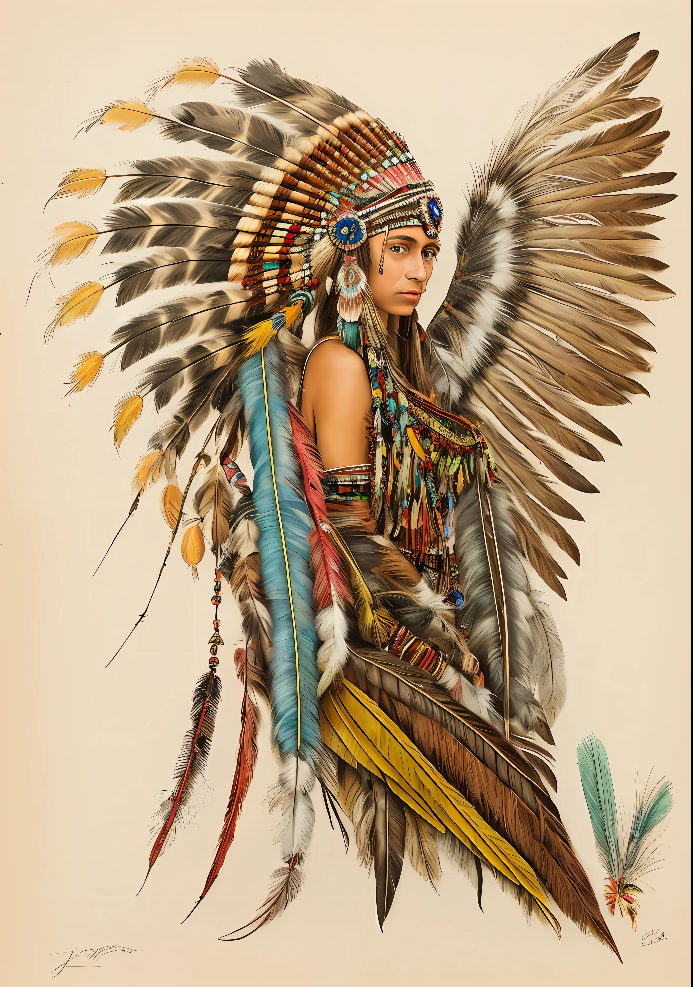 a drawing of a woman in a native american headdress, headdress, she has feathers, inka harpy girl, centered headdress, girl with feathers, feathered headdress, concept piece, made of feathers, inked drawing, indian, lowres, inspired by Karl Bodmer, inked digital, outline sketch, detailed feathers, by Jaime Colson