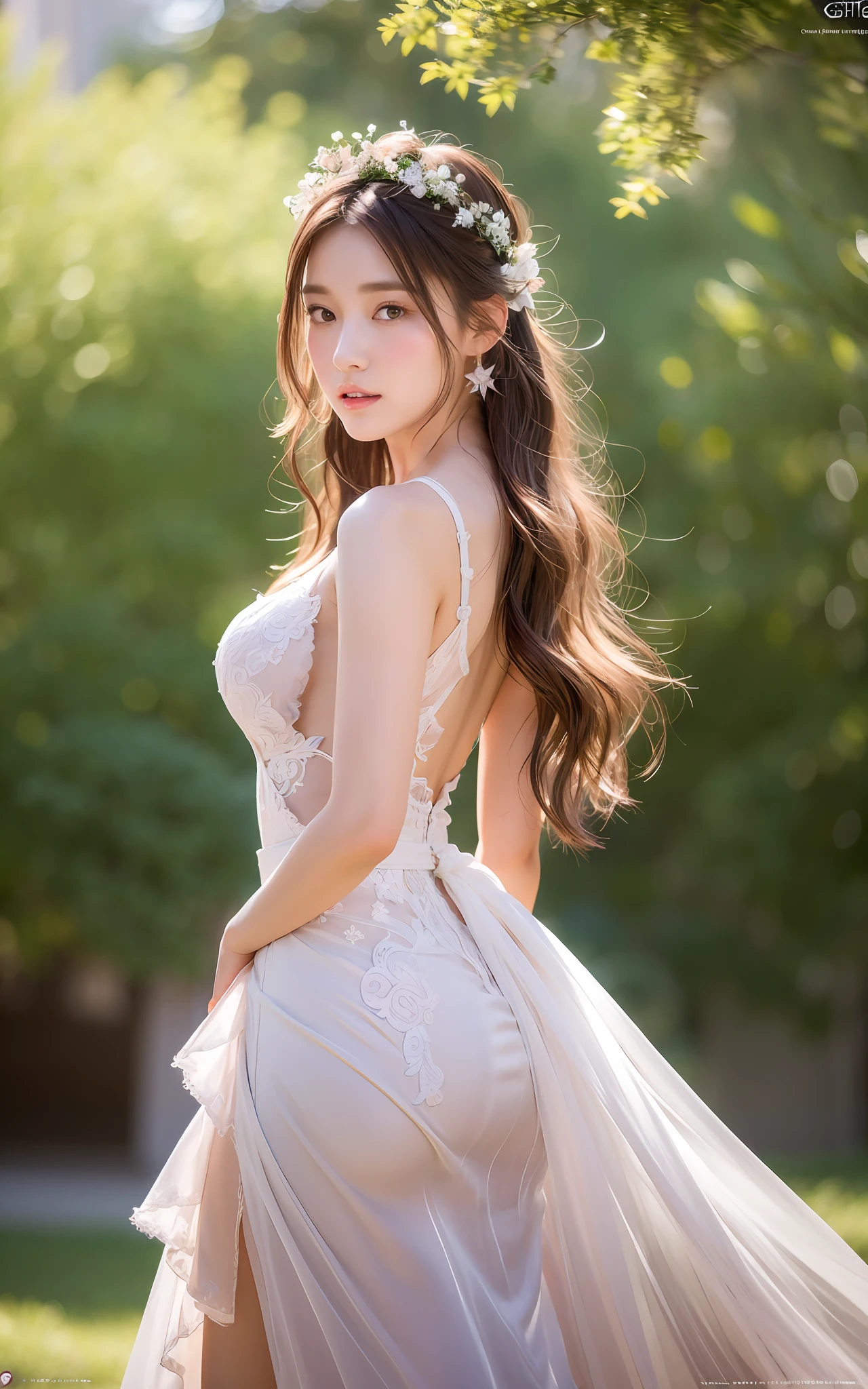 Highly detailed CG Unity 8k wallpaper, top quality, super detailed, masterpiece, realistic, photorealistic, very detailed cute girl, (25 years old), blush, round eyes, medium breasts, semi-body shot, white wedding dress, look back