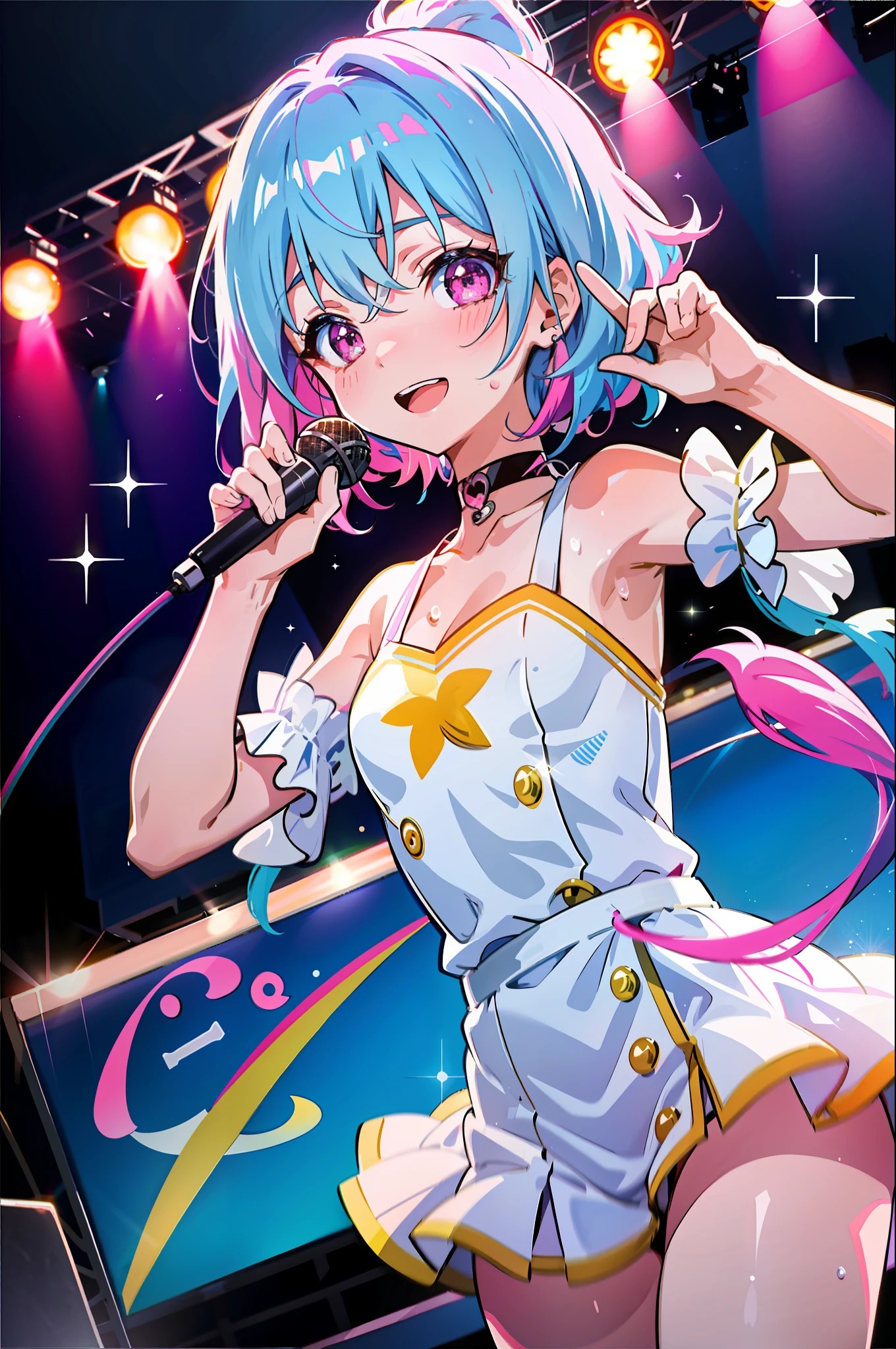 best quality, single girl, spotlight, live, colorful hair, cute, anime, sheer white skin, asian girl, full body, gentle eyes, shy face, 14 years old, idol clothes based on white and pink, choker, singing waiting for microphone, shiny sweat, confident face, shining