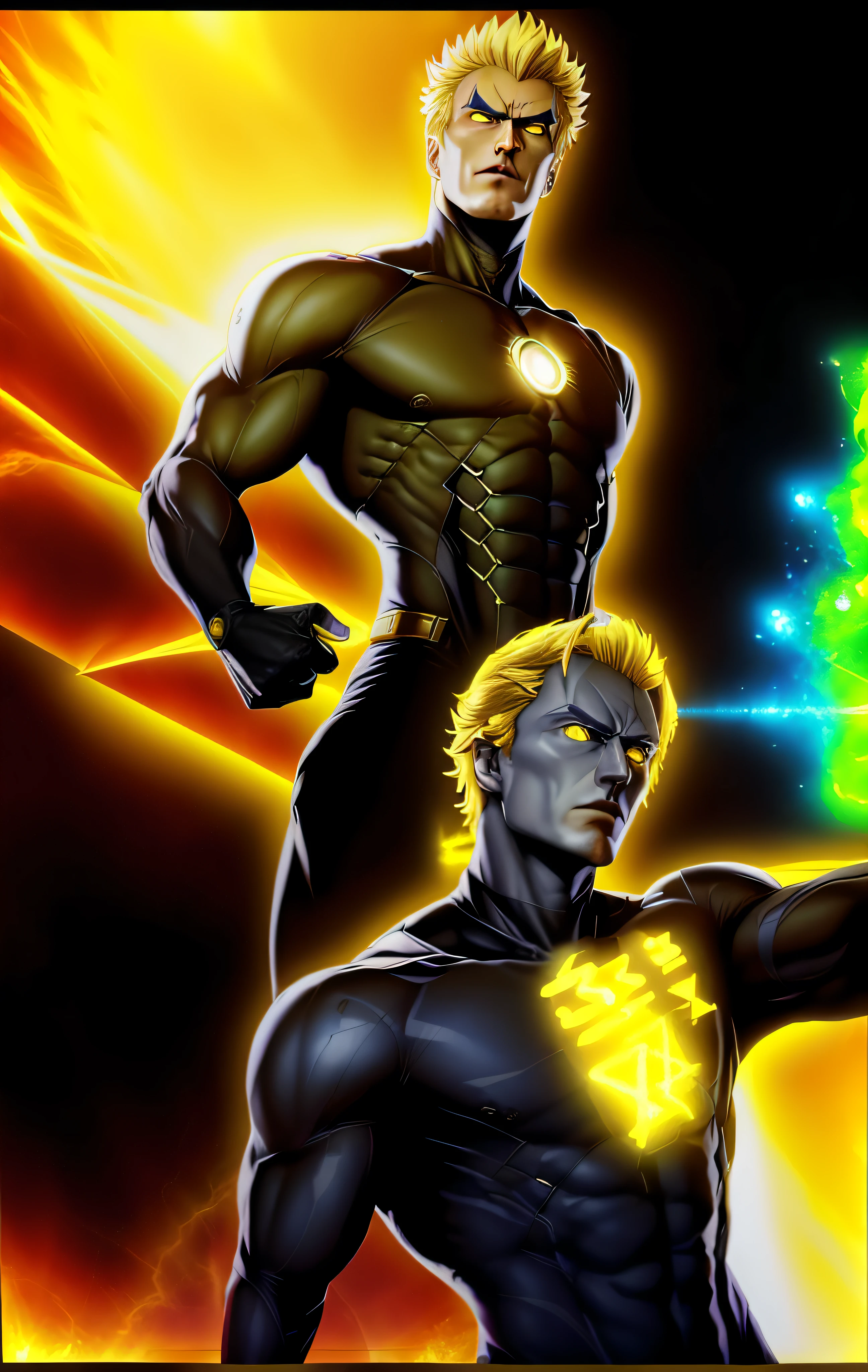 arafed man in a black suit holding a yellow and blue frisbee, adam warlock, dio brando, genos, background artwork, xqc, asgardian, key art, an epic anime of a energy man, johan liebert, hero pose colorful city lighting, human torch, full resolution, → ⃣ spectrum darkness prime, amazing wallpaper, more details