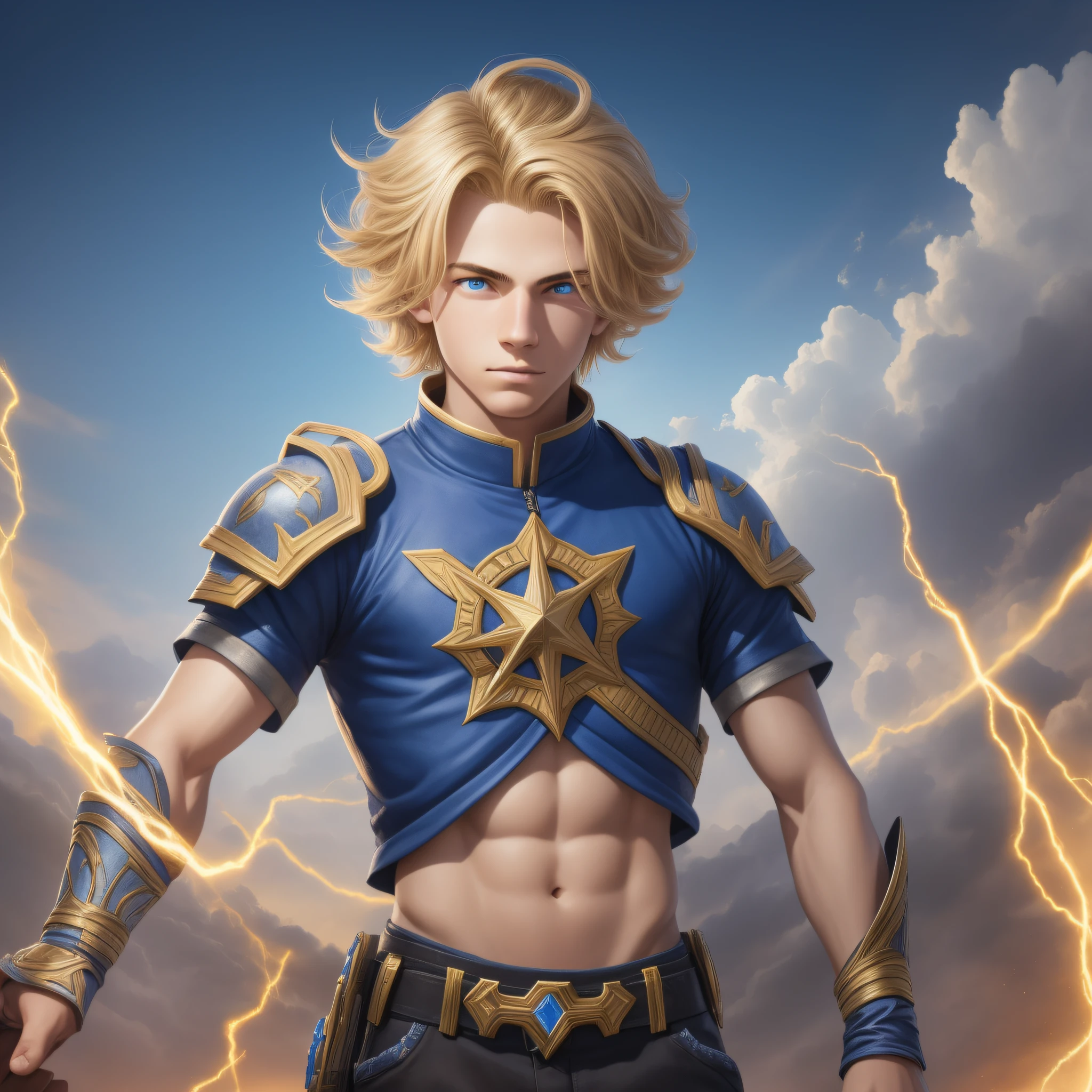 A highly detailed matte painting of a boy, with blonde hair and hands emitting a blue energy