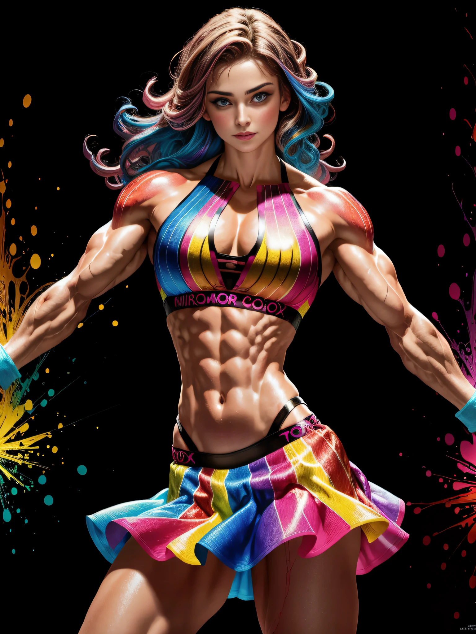 photo of (Chloe Grace|Miranda Kerr:0.7), realistic, masterpiece, highres, full body, (hypermuscle, huge muscles, flexing, veins, very vascular, very muscular, strong, powerful, female domination, goddess, female power:1.4), wild rainbow toxic hair, wearing a wild skirt, wearing a colorfull small bikini top, curvy body, toned body posing near a dark background [(colorful explosion psychedelic toxic neon paint colors:1.2)::0.20], BREAK, looking at viewer, smug, confident, navel out, hyper realistic lifelike texture, best quality, ultra high res, photo realistic, (elite:0.1), (underwater:0.3), (nasty:0.2),