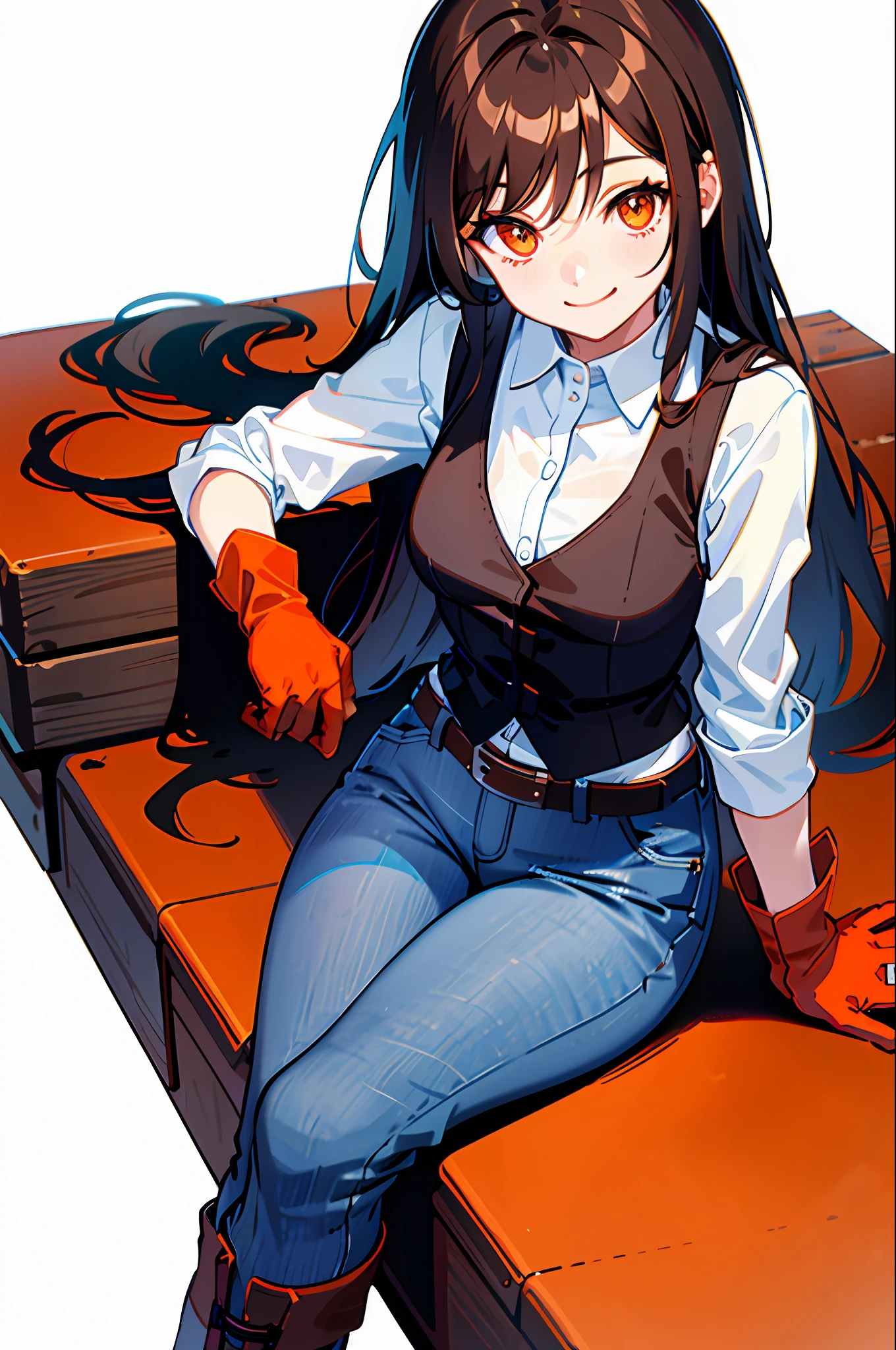 warm lighting,Beautiful,cute,black long hair,brown vest,white long shirt,red gloves,orange eyes,blue jeans,brown boots,deep brown belts,(white background 1.3),sitting,1girl,smiling,medieval
