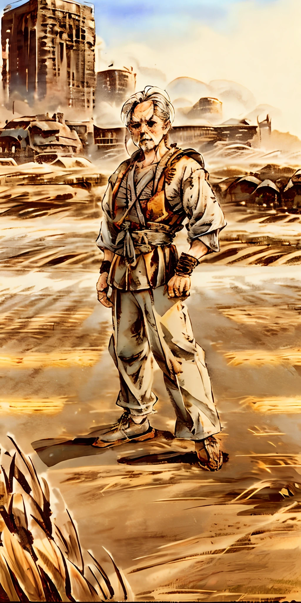 street fighter old man character concept (( super strong )), masterpiece, best quality, ultra-detailed, ground, destroyed city background, shadows, contrast, clear sky, analog style (look at viewer:1.2) (skin texture) (film grain:1.3), ultra-high resolution, octane render, 16k