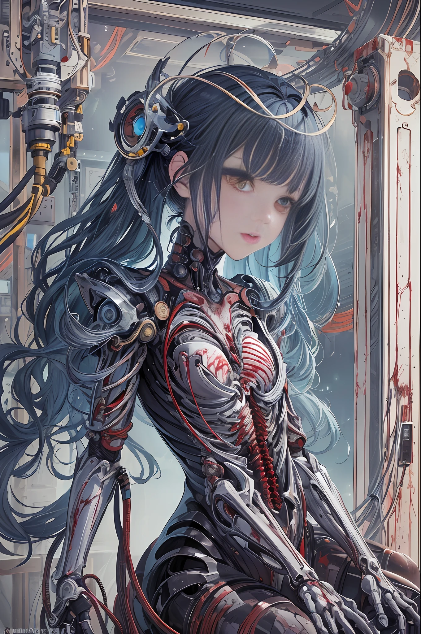 (masterpiece, top quality, best quality, official art, beautiful and aesthetic:1.2), (1girl:1.3), extreme detailed,colorful,highest detailed ((ultra-detailed)), (highly detailed CG illustration), ((an extremely delicate and beautiful)),(from side),cinematic light,((1mechanical girl)),solo,full body,(machine made joints:1.2),((machanical limbs)),(blood vessels connected to tubes),(mechanical vertebra attaching to back),((mechanical cervial attaching to neck)),(sitting),expressionless,(wires and cables attaching to neck:1.2),(wires and cables on head:1.2)(character focus),science fiction,white background,(blood:1.5)