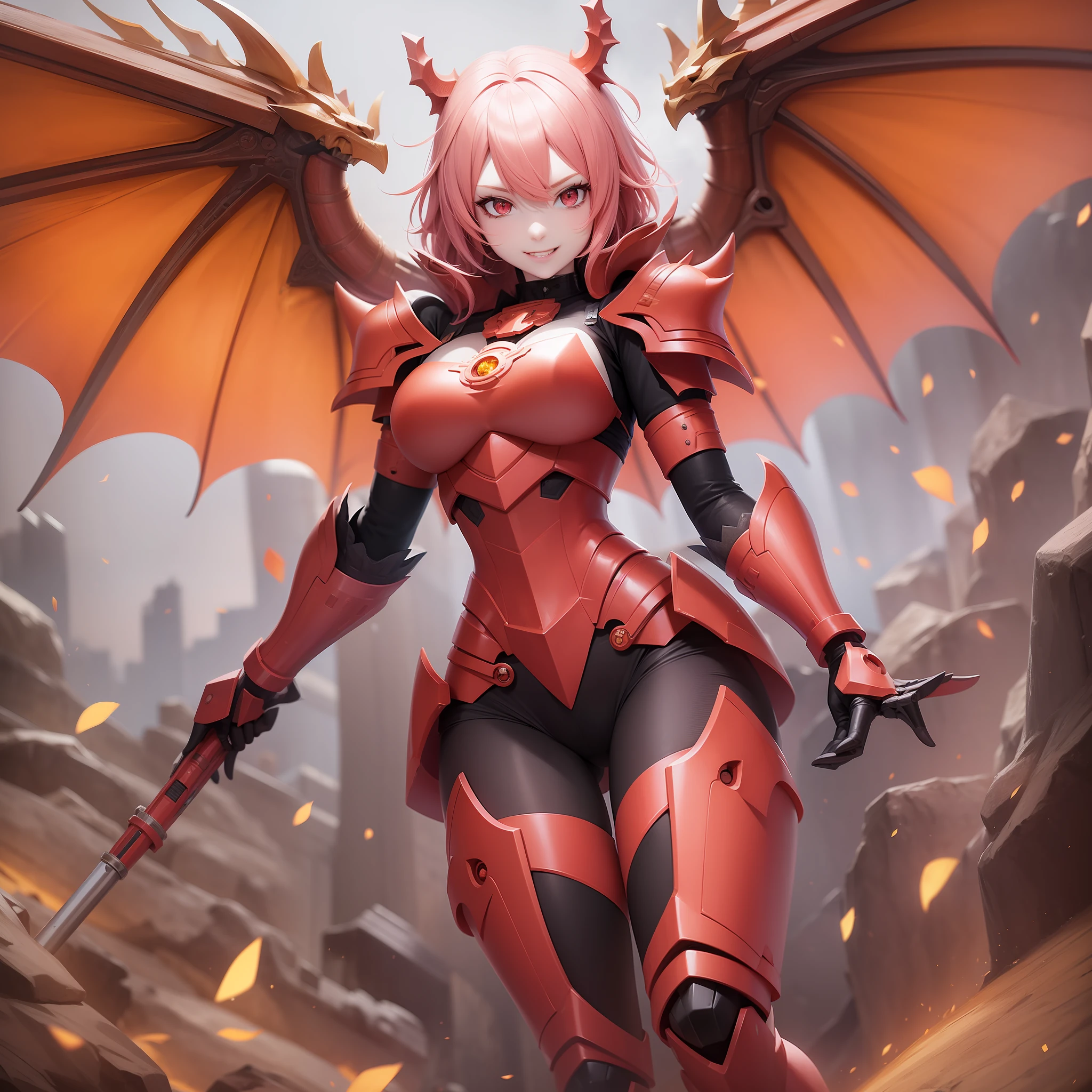 Half-dragon girl, 25 years old, pale skin, medium pink hair, orange eyes, scarlet mechanical armor, energetic smile, mechanical wings