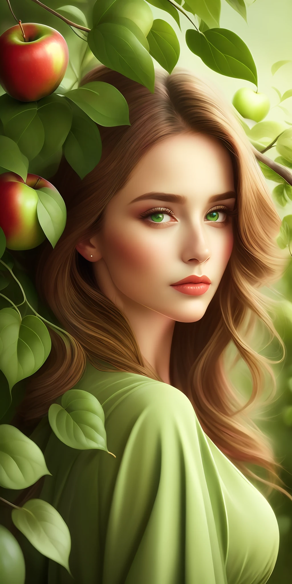 Best quality,highest resolution,8k, artistic illustration, beautiful portrait, masterpiece, most beautiful woman,most beautiful girl, greedy eyes,dressed in green leaves,most beautiful girl in profile in front of an apple tree, greedy eyes,,, an apple tree,apples in its branches