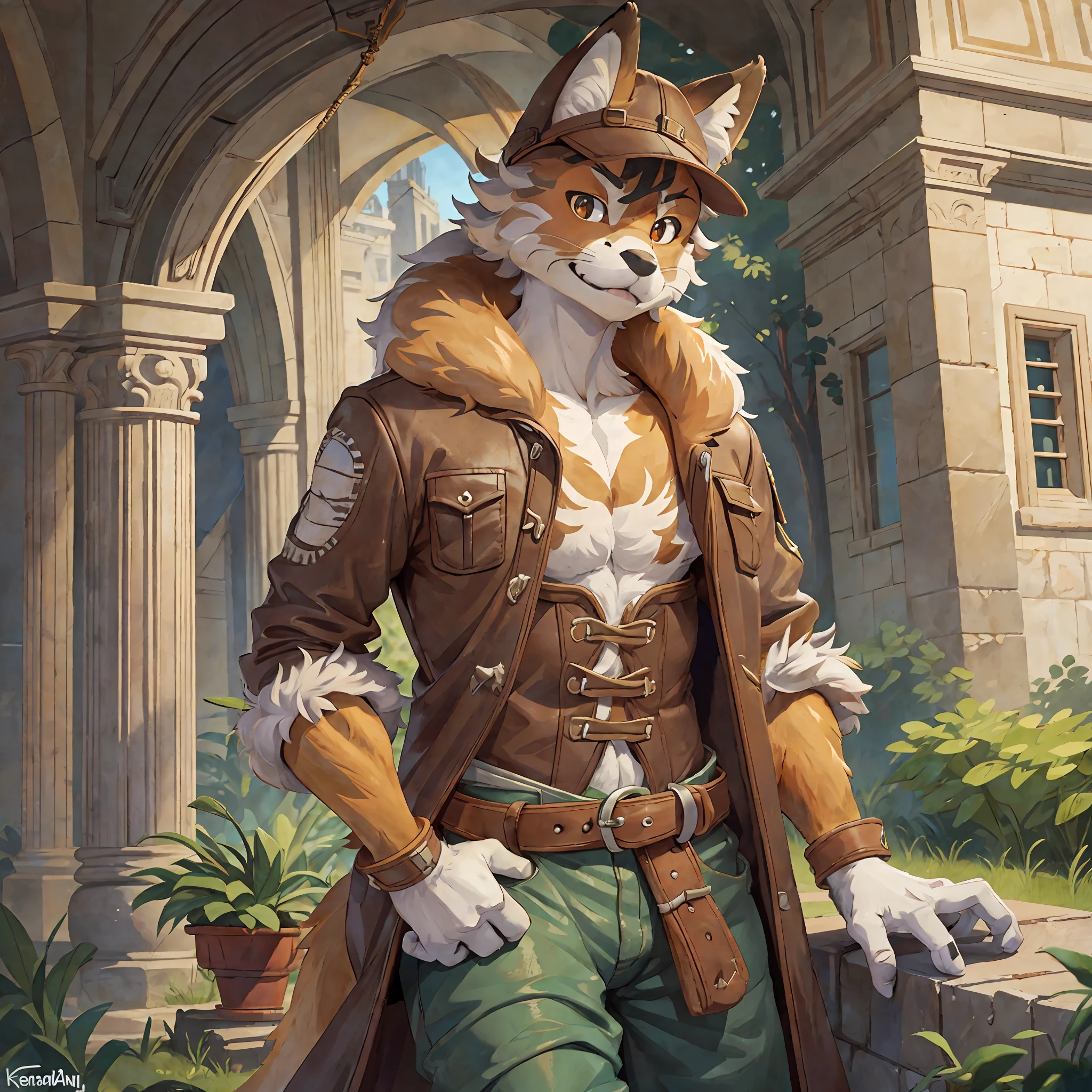 top quality, best quality, High-quality illustrations by Michelangelo, by Johannes Vermeer, masterpiece, super high resolution, detailed background, Old Ruins, Dungeons, Indiana Jones series(highly detailed beautiful face and eyes)absurdres, perfect anatomy(handsome 1boy, kemono, solo focus, Adventurer, Archaeologist)(furry)(furry anthro:1.7)(Furry body, fox facial features, fox body features)(very detailed body fur)full body, Dirty Coat and Hat,