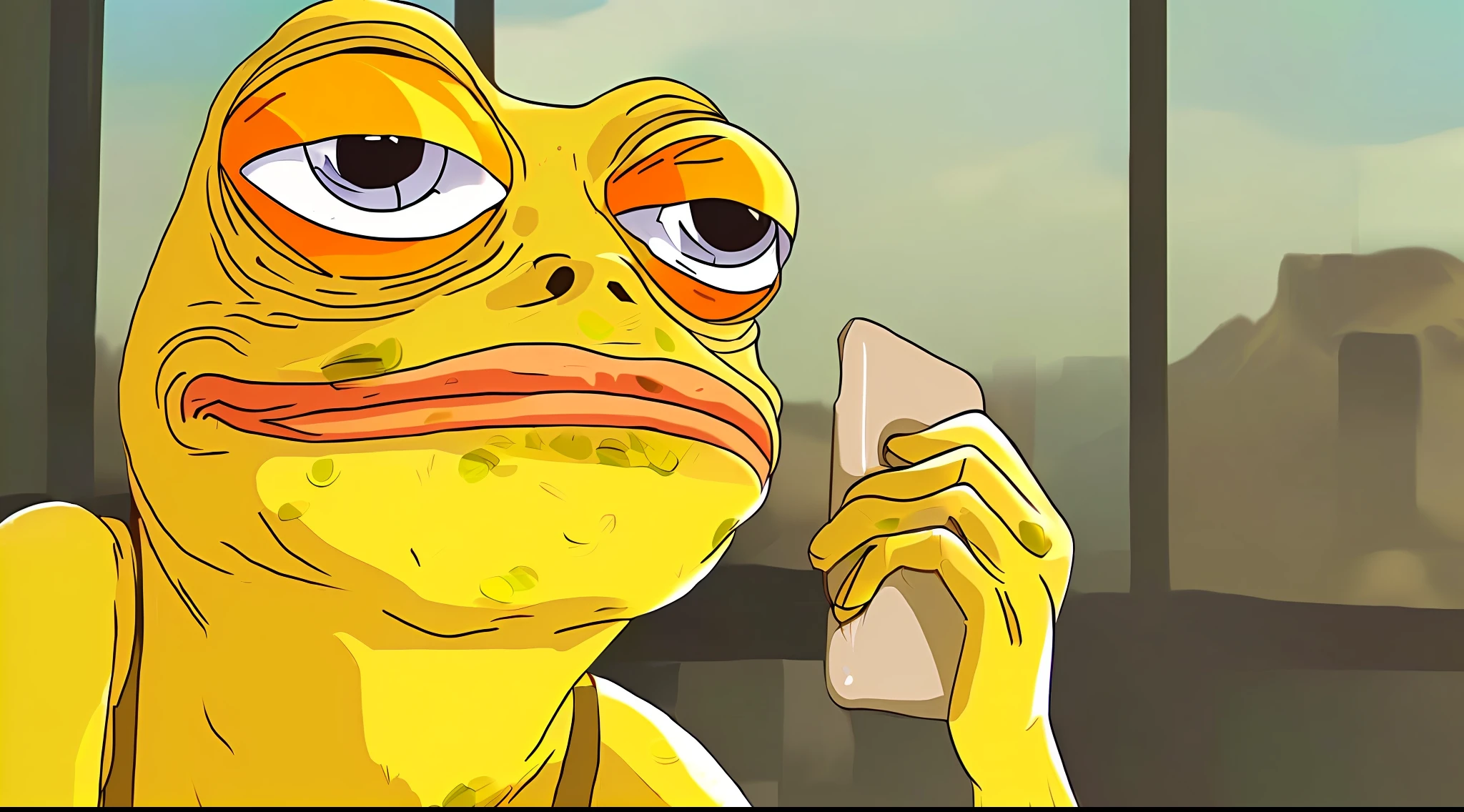 yellow rich frog enjoys victory over green frogs detail and background meme coins and mountains nature