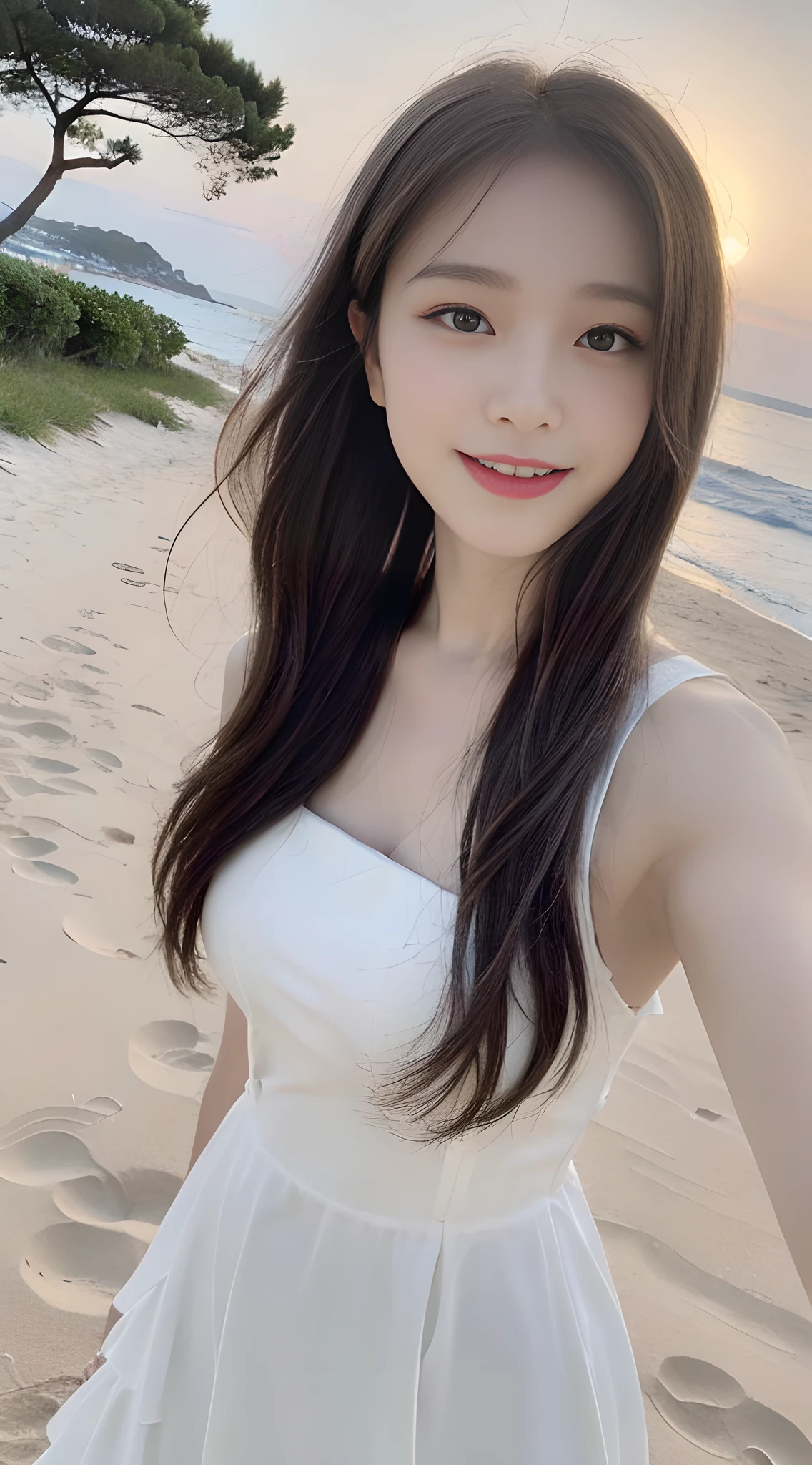 ((Best Quality, 8K, Masterpiece: 1.3)), , Focus: 1.2, Perfect Body Beauty: 1.4, Buttocks: 1.2, (Layered Haircut: 1.2)), (Dark Street: 1.3), Highly Detailed Face and Skin Texture, Full Body, Fine Eyes, Double Eyelids, Whitened Skin, Long Curly Hair, (Round Face: 1.5), (White Banoleau Dress: 1.6). Smile on the beach of the villa by the sea,