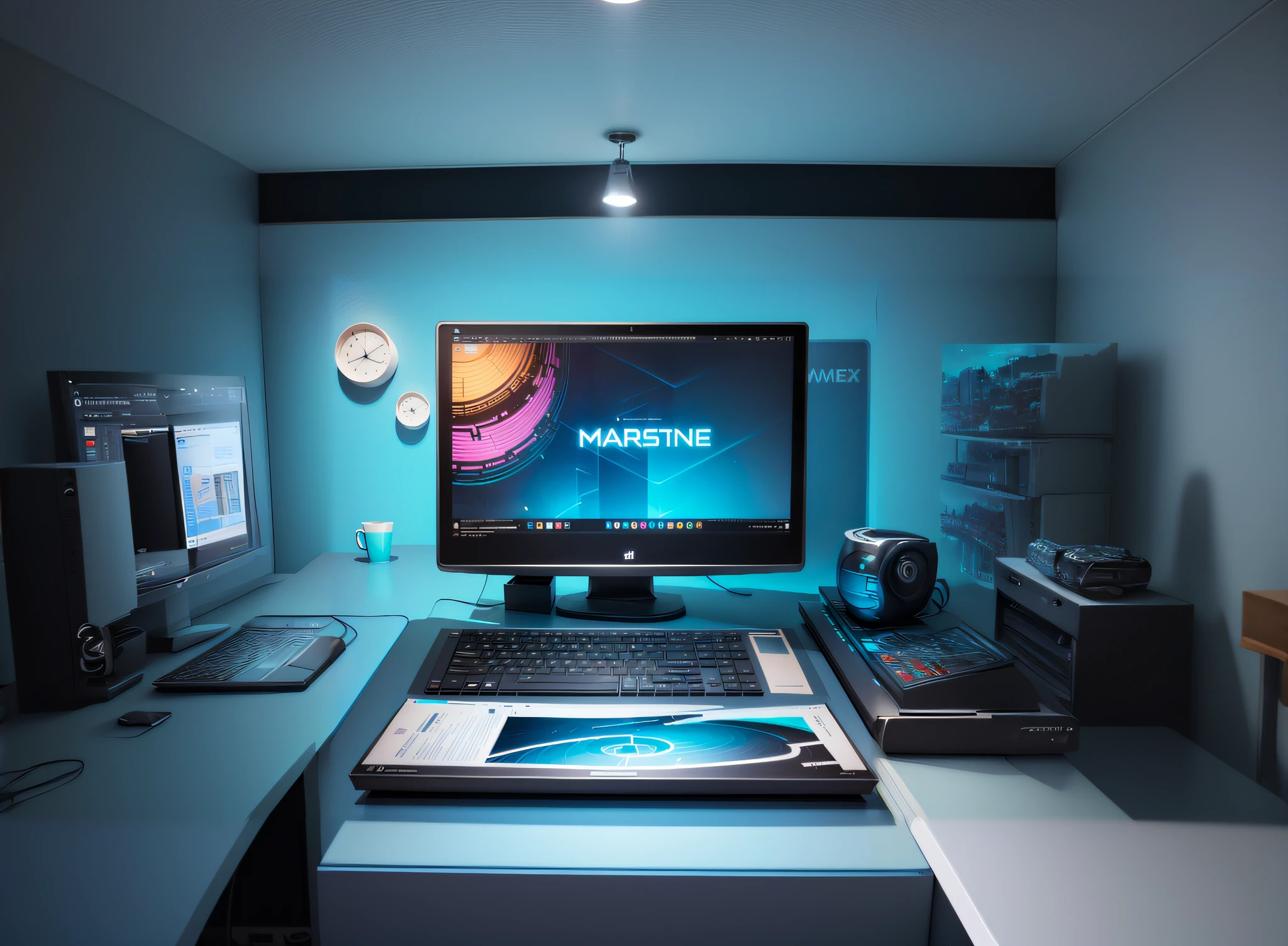 there is a desktop computer sitting on a desk with a monitor, contest winning masterpiece, crisp 8 k line work, floating monitors, maritime, hard surface, liquid cooled desktop, hard surface 3 d, arstation and beeple highly, award-winning masterpiece, custom computer, an award winning masterpiece, art workstation, intense look, hard surface modelling