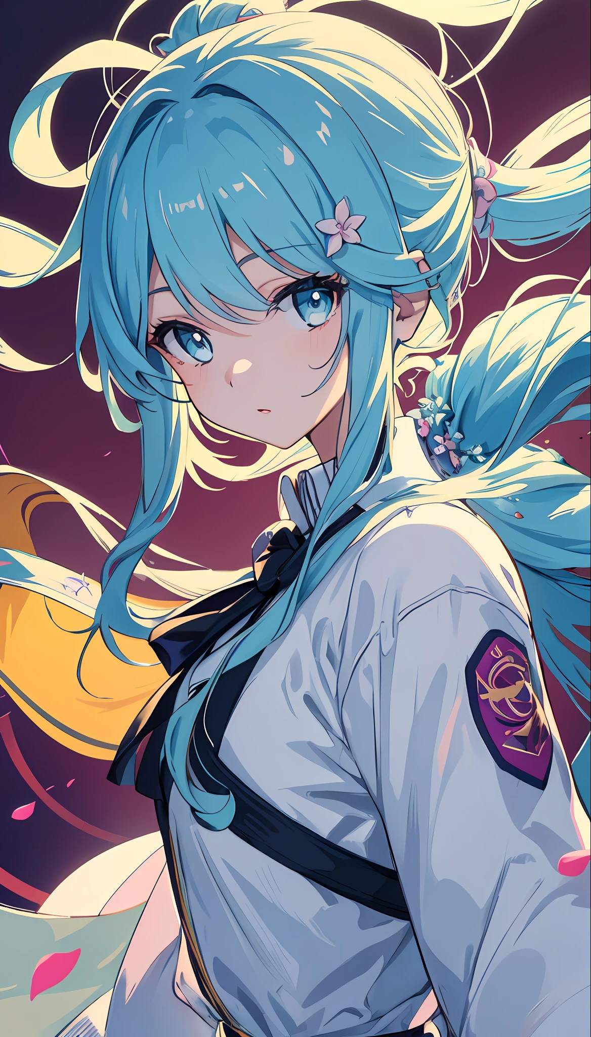 (masterpiece), (best quality), (ultra detailed),(disheveled hair),(illustration), (1girl), (Fashionable clothing), standing, Fashion model, looking at viewer, (interview), (simple background),beautiful detailed eyes, delicate beautiful face, Floating,(high saturation),(colorful splashes),colorful bubble,(shining), focus on face, ponytail, kamisato ayaka, light blue hair, bangs, hair ring, floating flowers, floating hairs, (shining), best lighting, best shadow,