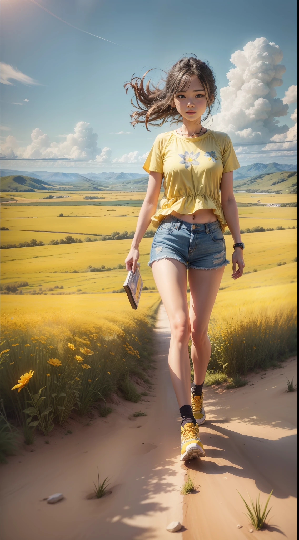 (Best Quality, 8k, 32k, Masterpiece, UHD: 1.2, Ray Tracing: 1.2, Real: 1.2), 1girl, (Side: 1.5), Yellow Short Sleeves, Denim Shorts, Sneakers, (Prairie, Long Range, Running in Prairie: 1.5), Prairie Landscape, Happy, Blue Sky, White Clouds, Meadow, Little Flower,