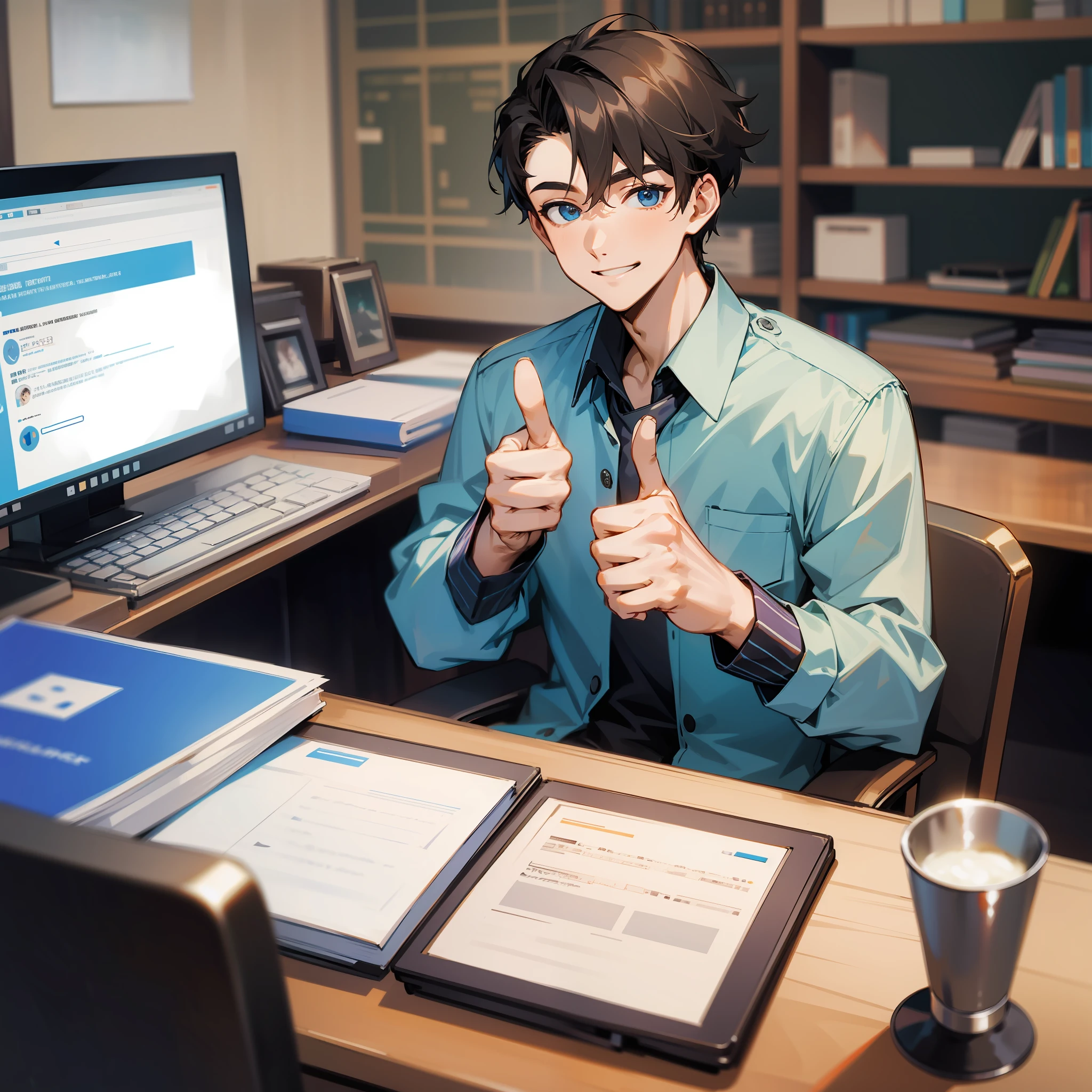 High quality young man sitting at a computer desk with a thumbs up with his right hand