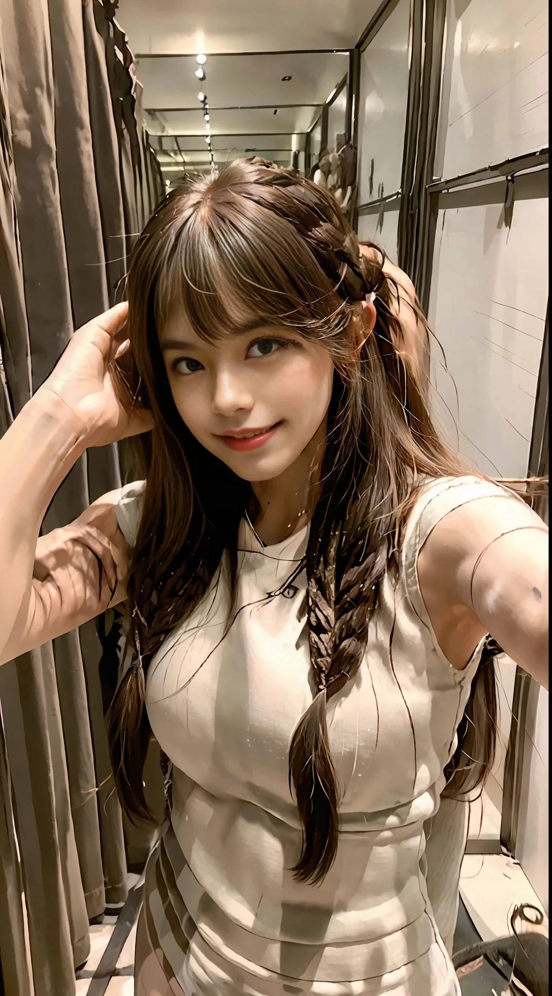 masterpiece, best quality, 1girl,long_hair,light smile, blunt bangs,looking at viewer,selfies,cowboy shot,(shot_hair:2),
(realistic:1.5), cinemagraph,