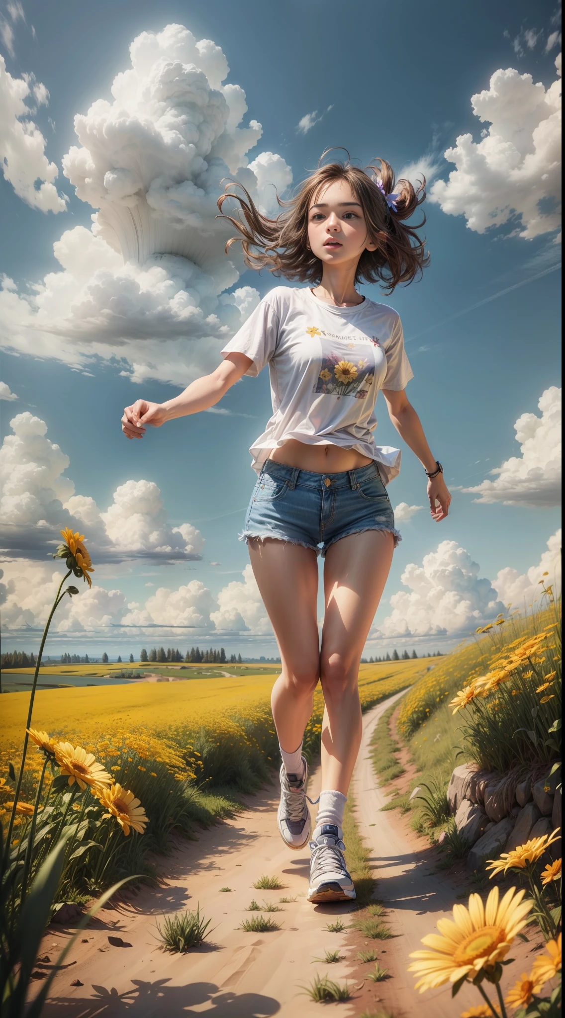 (Best Quality, 8k, 32k, Masterpiece, UHD: 1.2, Ray Tracing: 1.2, Real: 1.2), 1girl, (Side: 1.5), Yellow Short Sleeves, Denim Shorts, Sneakers, (Prairie, Long Range, Running in Prairie: 1.5), Prairie Landscape, Happy, Blue Sky, White Clouds, Meadow, Little Flower,
