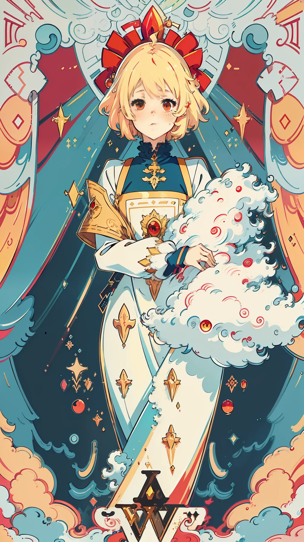 (((masterpiece))),(((best quality))),((ultra-detailed)),(illustration), 4k, simple, higres, simle background, extremely_detalled_wallpapper, medium waist up shoot, (Anime ilustration style:1.5),(faux traditional media:1.0), blonde short puffy hair, Bob cut, red glowing eyes, big determined eyes, tarot, flowing waves, colorful waves, ((vibrant color palet)), waves of clouds, intricate golden border