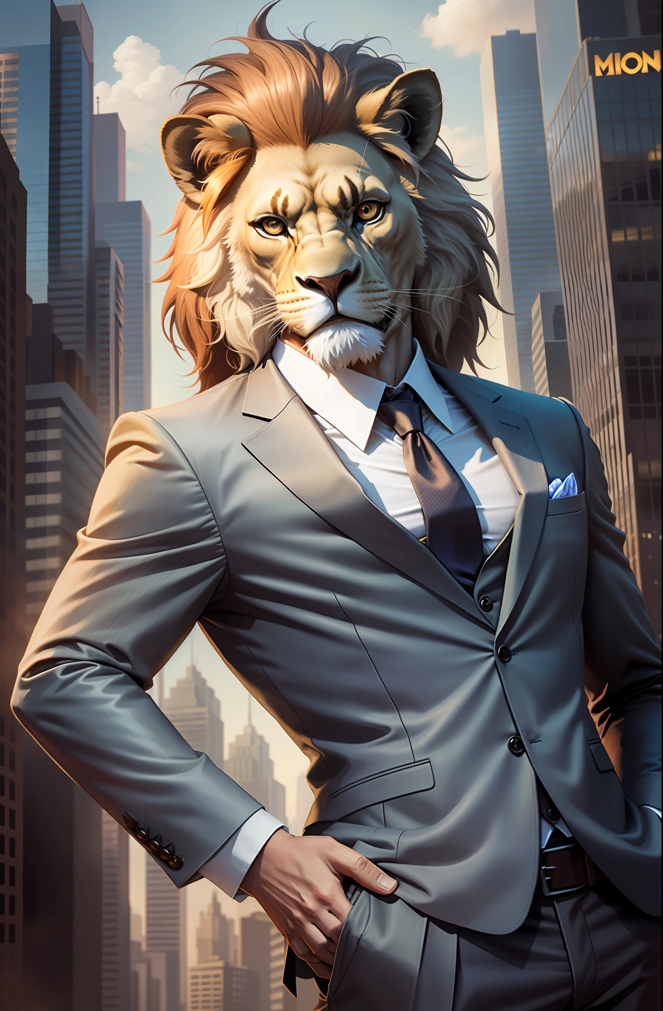 A male character, lion's head, wearing a suit, in a metropolis