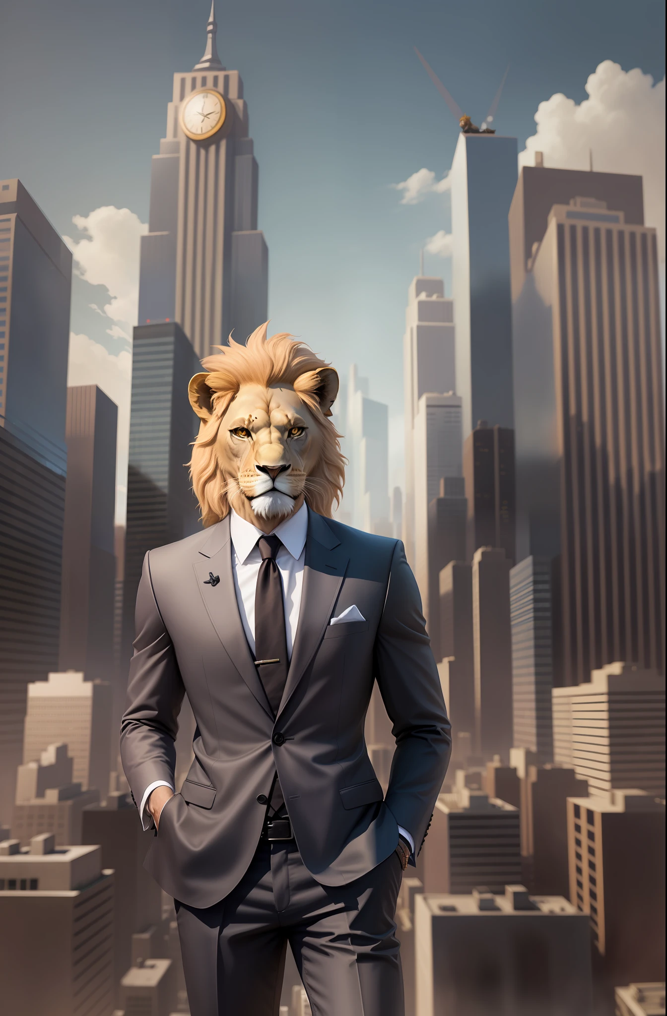 A male character, lion's head, wearing a suit, in a metropolis